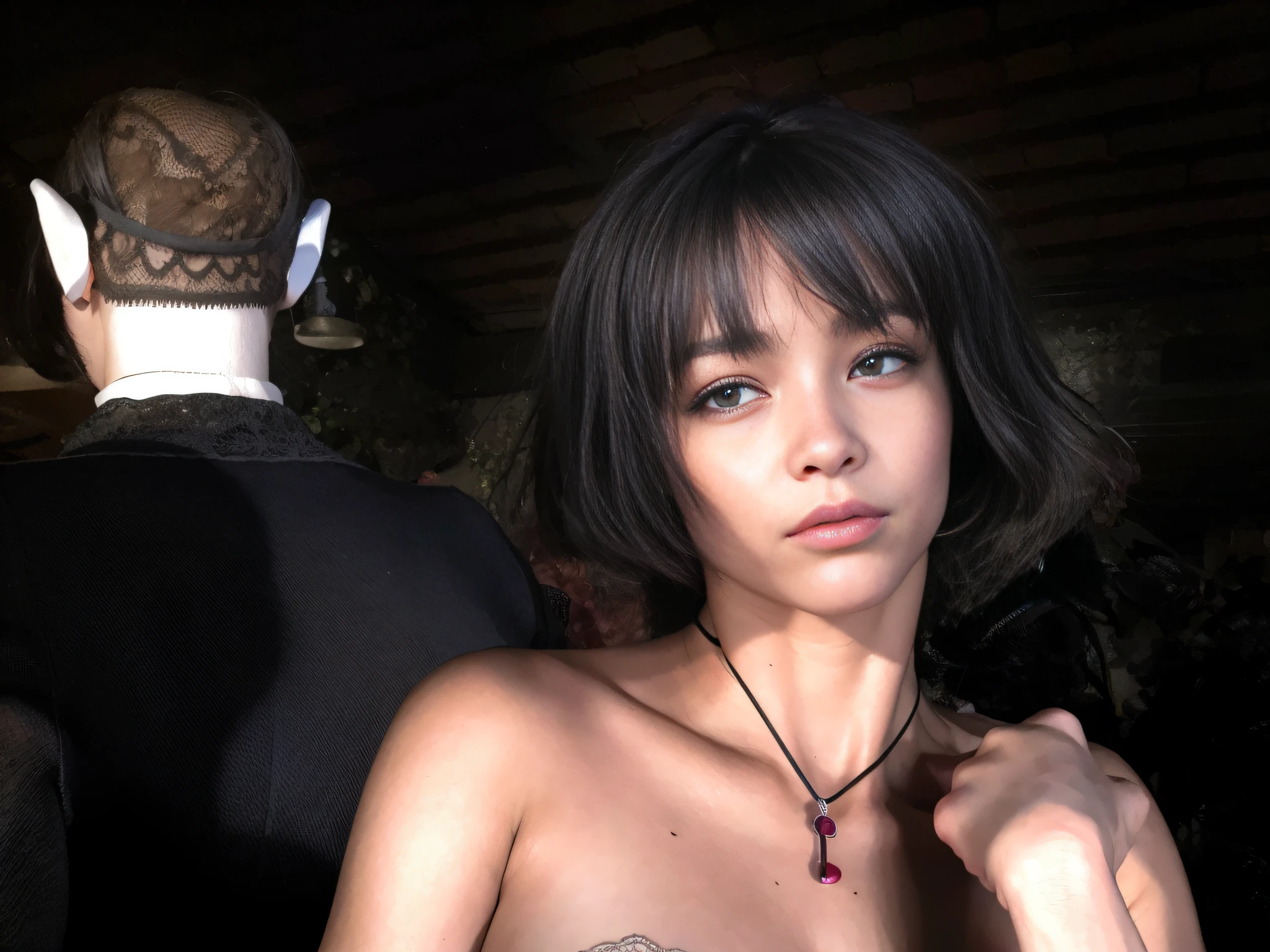 (masterpiece, top quality, 16-year-old girl, solo, intricate detail, chromatic aberration), lifelike, (hazel eye: 1.2), (random look), (big eyes), (Lora: MusenaturalFaceV1_V 1:0.2), pureerosface_v1, (anxious face: 1), lace, black glowing dress, big breasts, hateful face,