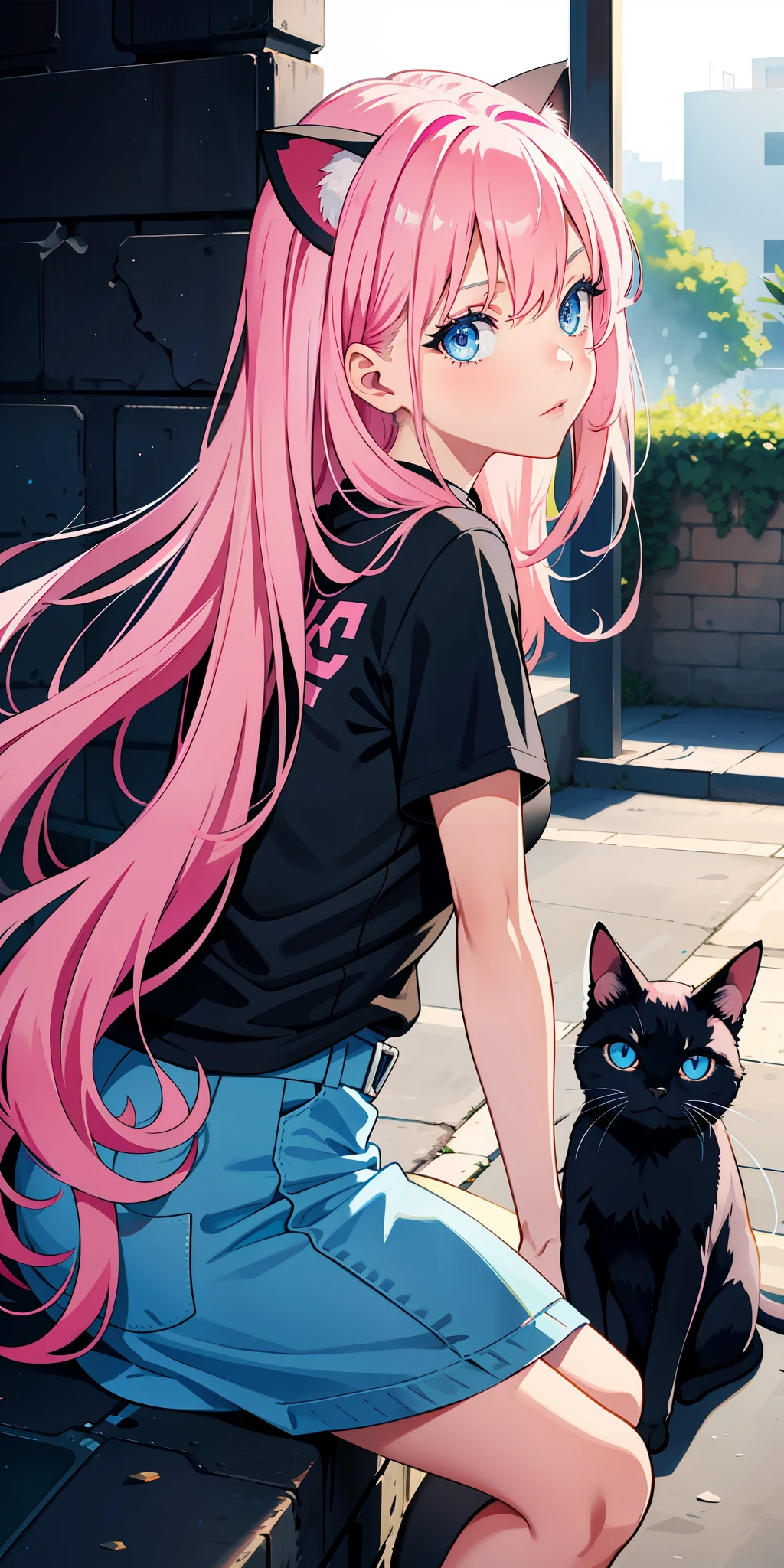 Pink hair and blue eyes, age girl with cat, black cat