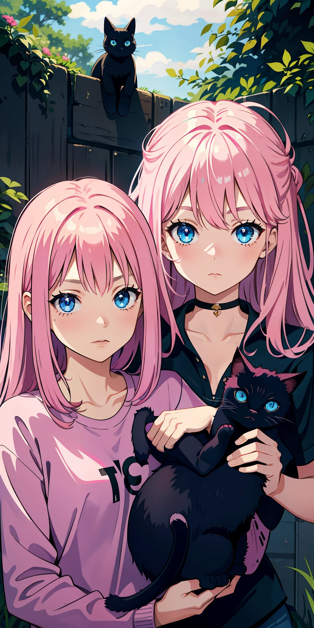Pink hair and blue eyes, teenage girl with cat, black cat