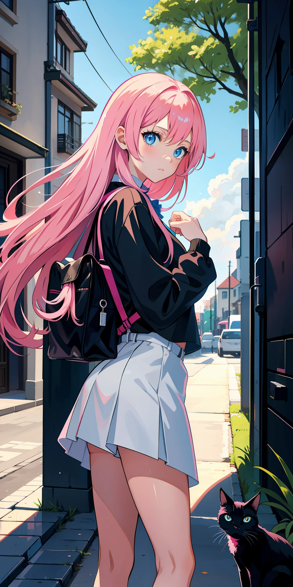 Pink hair and blue eyes, teenage girl with cat, black cat