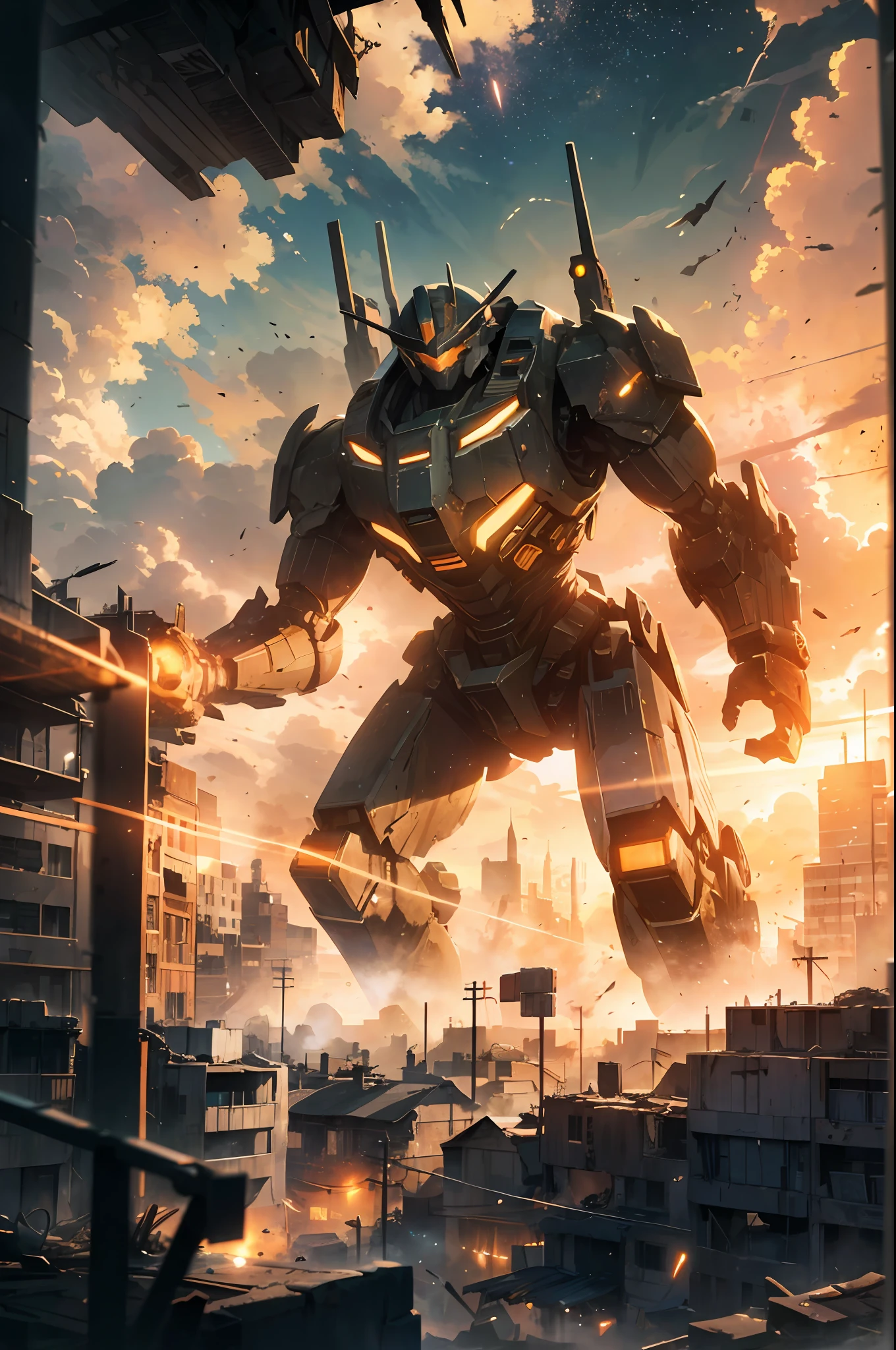 Run-down city, Battlefield, ruins, Gunsmoke fills, Broken giant robot, Orange sky, Dust, radiance, starry, from below, wide shot, cinematic lighting, blurry, Ultra-Wide Angle, best quality, 8k