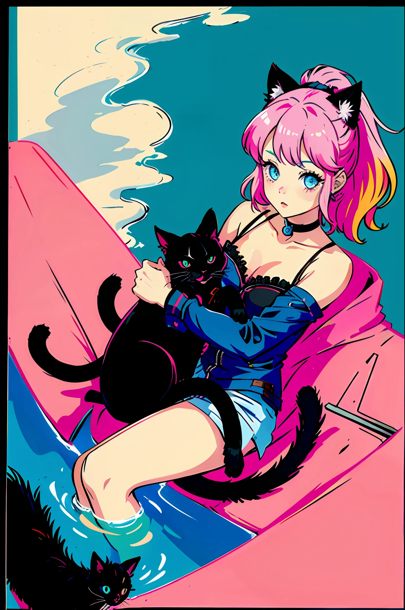 Girl with cat, black cat, pink hair blue eyes, avatar