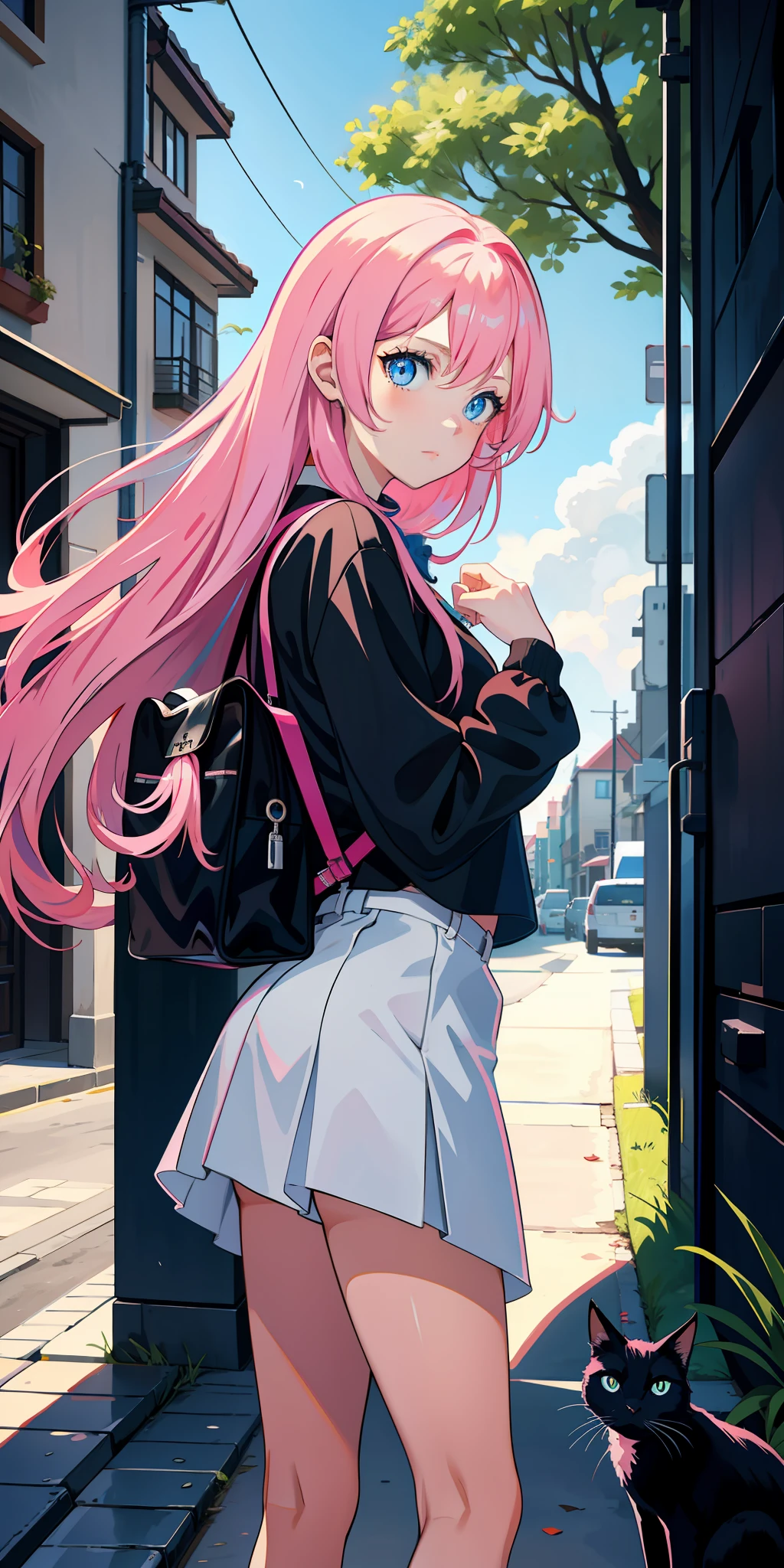Pink hair and blue eyes, teenage girl with cat, black cat