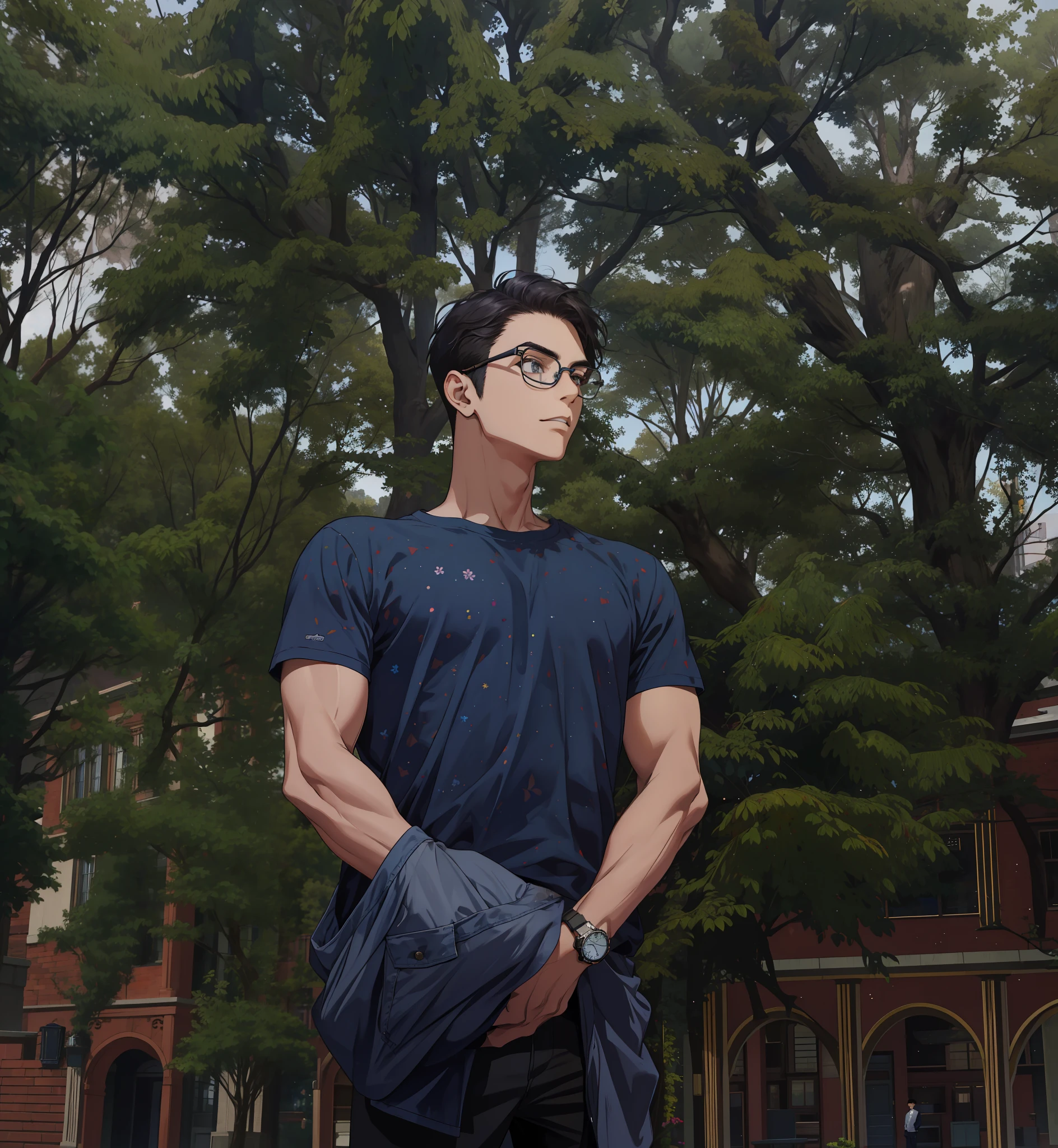 masterpiece, best quality, highres, 1boy, solo, standing, young boy, wearing navy blue t-shirt, detailed face, glasses, detailed eyes, dark eyes, wrist watch, jacket on hands, depth of field, highly detailed, park background