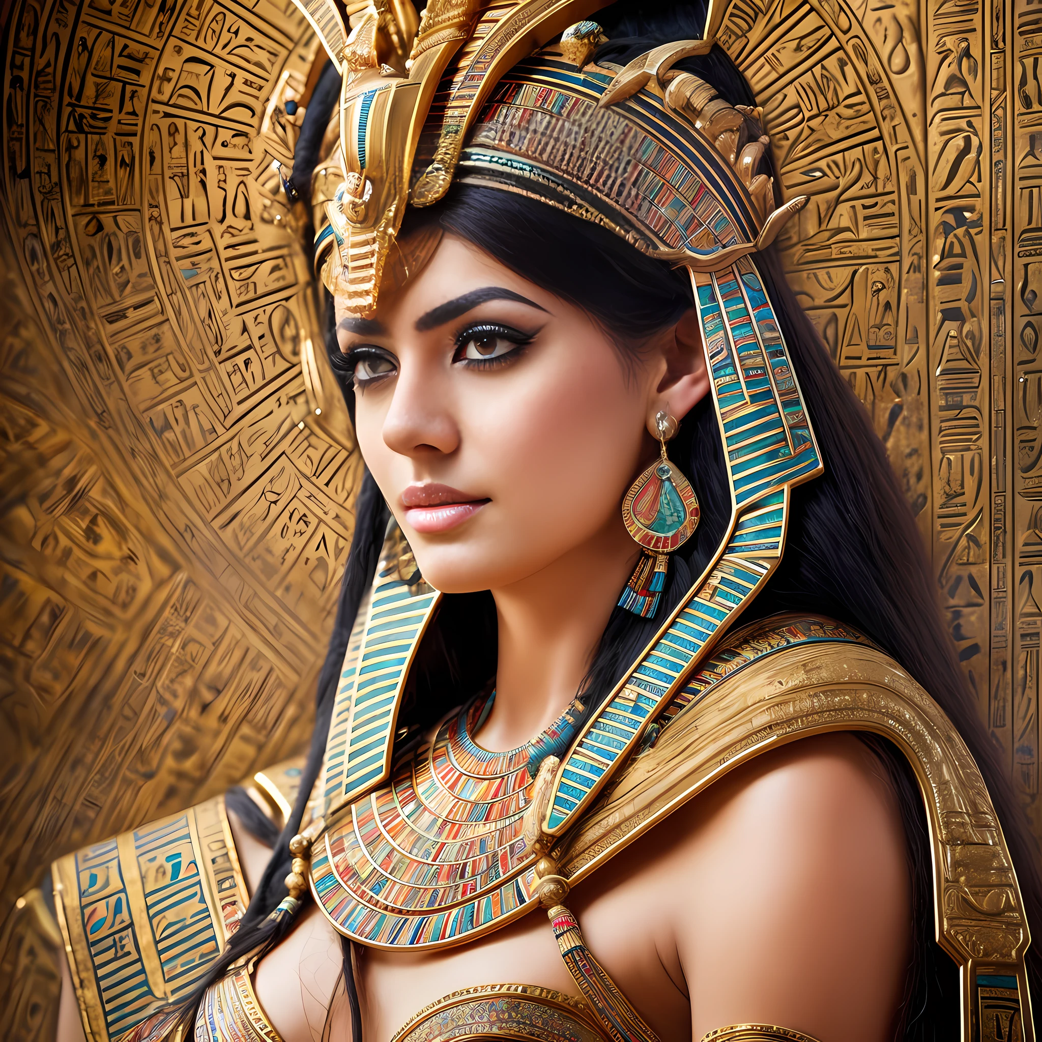 A stunning intricate full color portrait of young woman as, (the ancient egyptian queen), epic character composition, real, photoshoot, realistic, perspective, luminescent, bright colors, illusion, atmospheric scene, masterpiece, best quality, (detailed beautiful face, detail skin texture, ultra-detailed body:1.1)