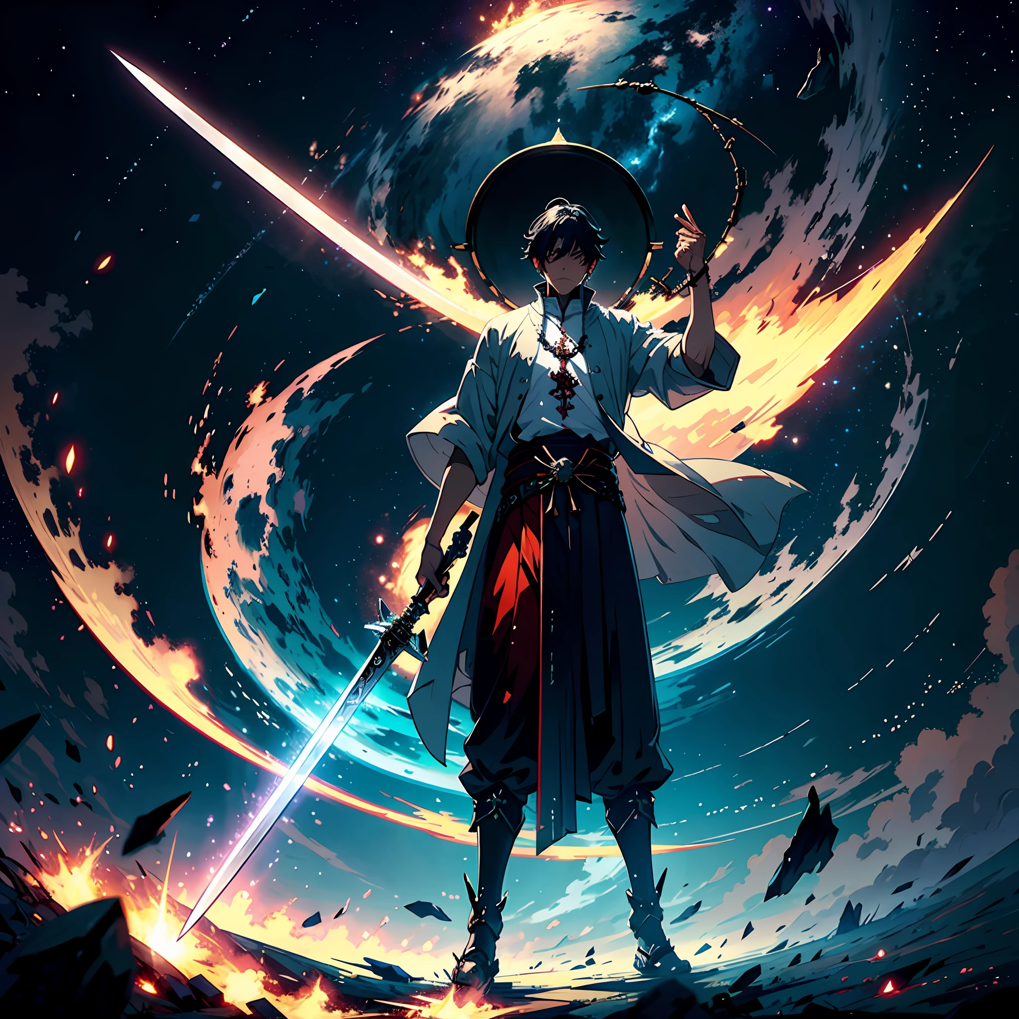 wide_shot, a sword immortal stood in front of the Gate of Heaven, holding a long sword in his hand. He cut open the gate with a sword, and stars fell from the sky