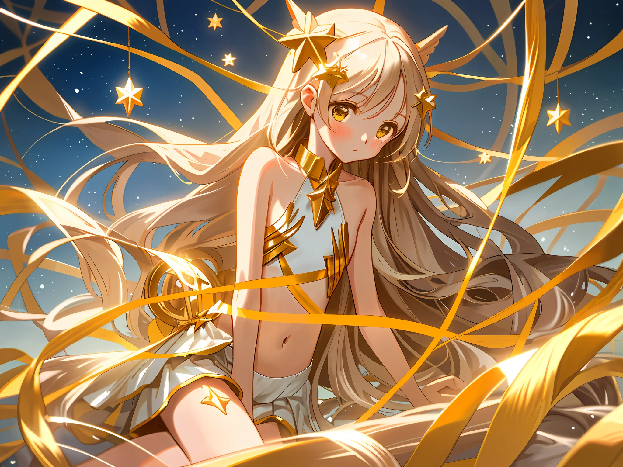 Light wheel, snowflake, single portrait, li, young body, star hair ornament, flat chest, gentle eyes, looking down, sitting, bare shoulders, exposed navel, scattered long hair, hazel hair, golden eyes, fair skin, ribbons wrapped around the body