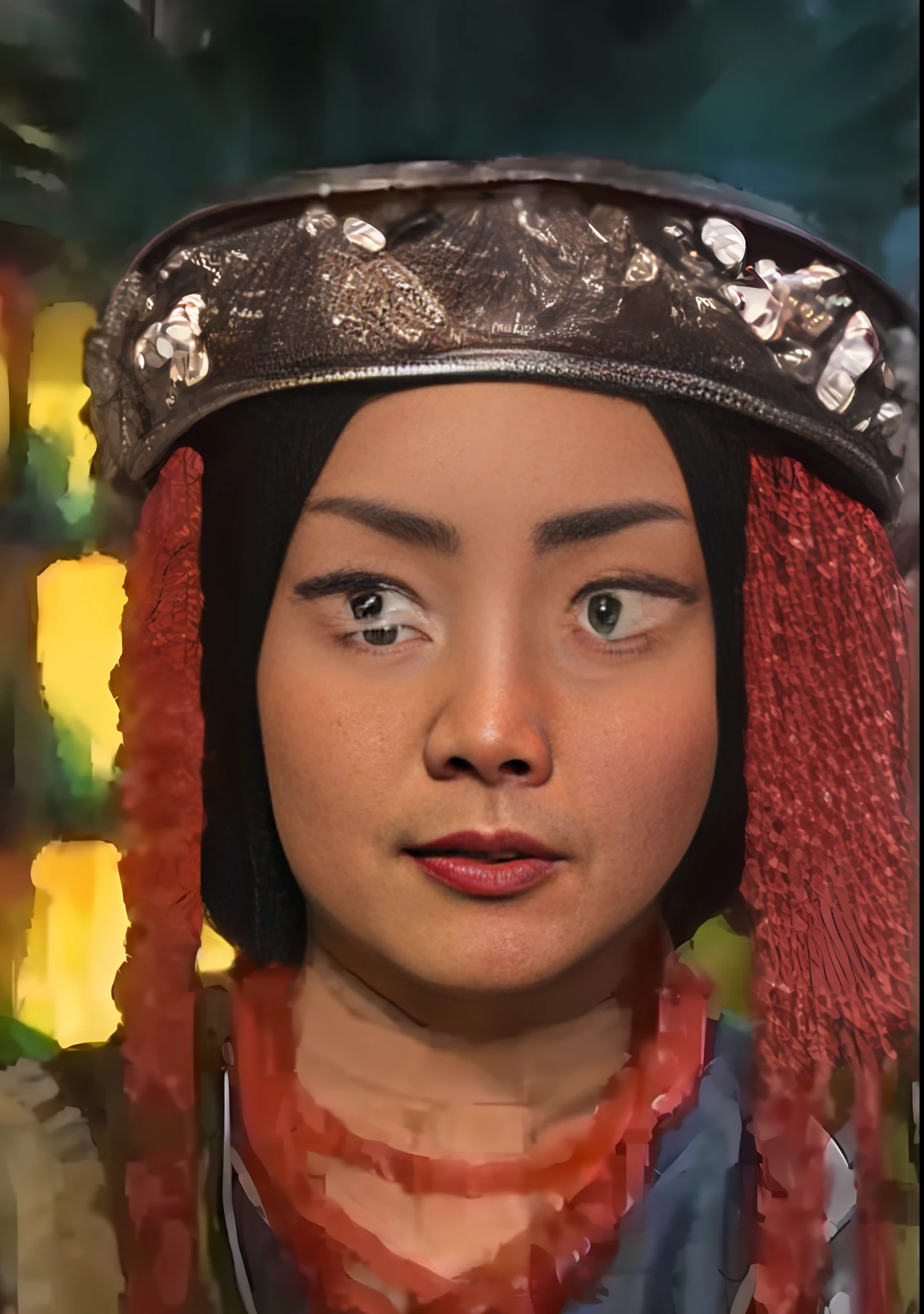 painting of a woman with a headdress and a necklace, portrait of modern darna, inspired by Li Mei-shu, portrait of mulan, chinese woman, a young woman as genghis khan, inspired by Lan Ying, detailed face of a asian girl, ancient libu princess, asian face, inspired by Lü Ji, oriental face, chinese princess