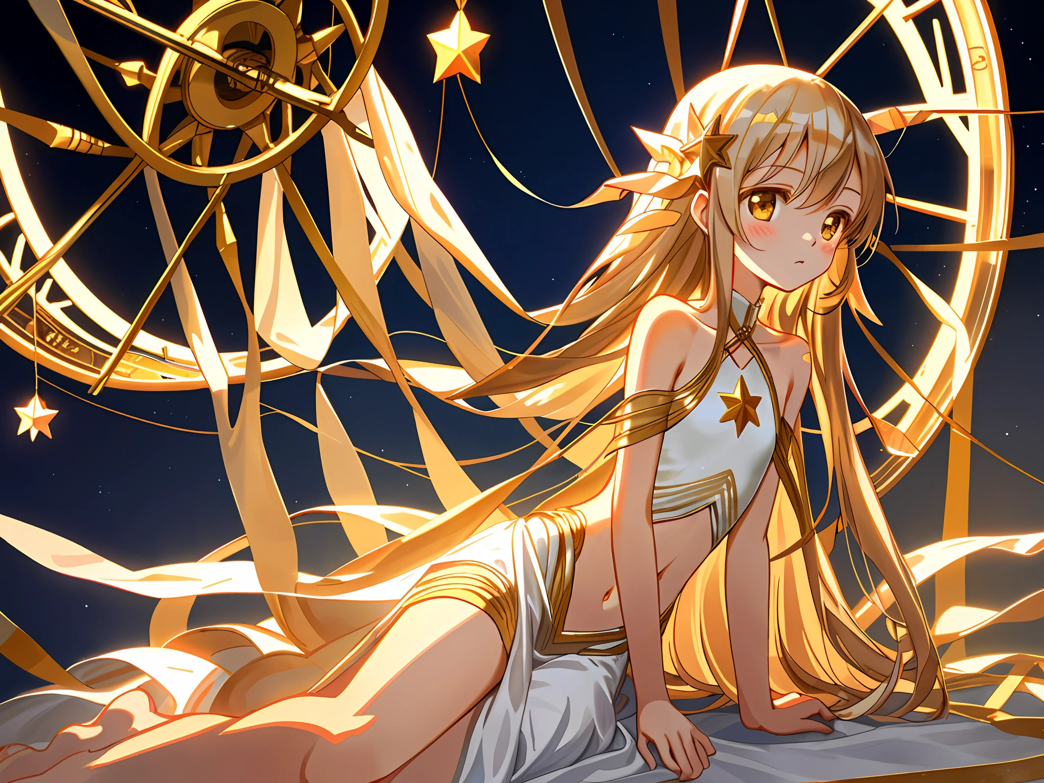Light wheel, snowflake, single portrait, , young body, star hair ornament, flat chest, gentle eyes, looking down, sitting, bare shoulders, exposed navel, scattered long hair, hazel hair, golden eyes, fair skin, ribbons wrapped around the body