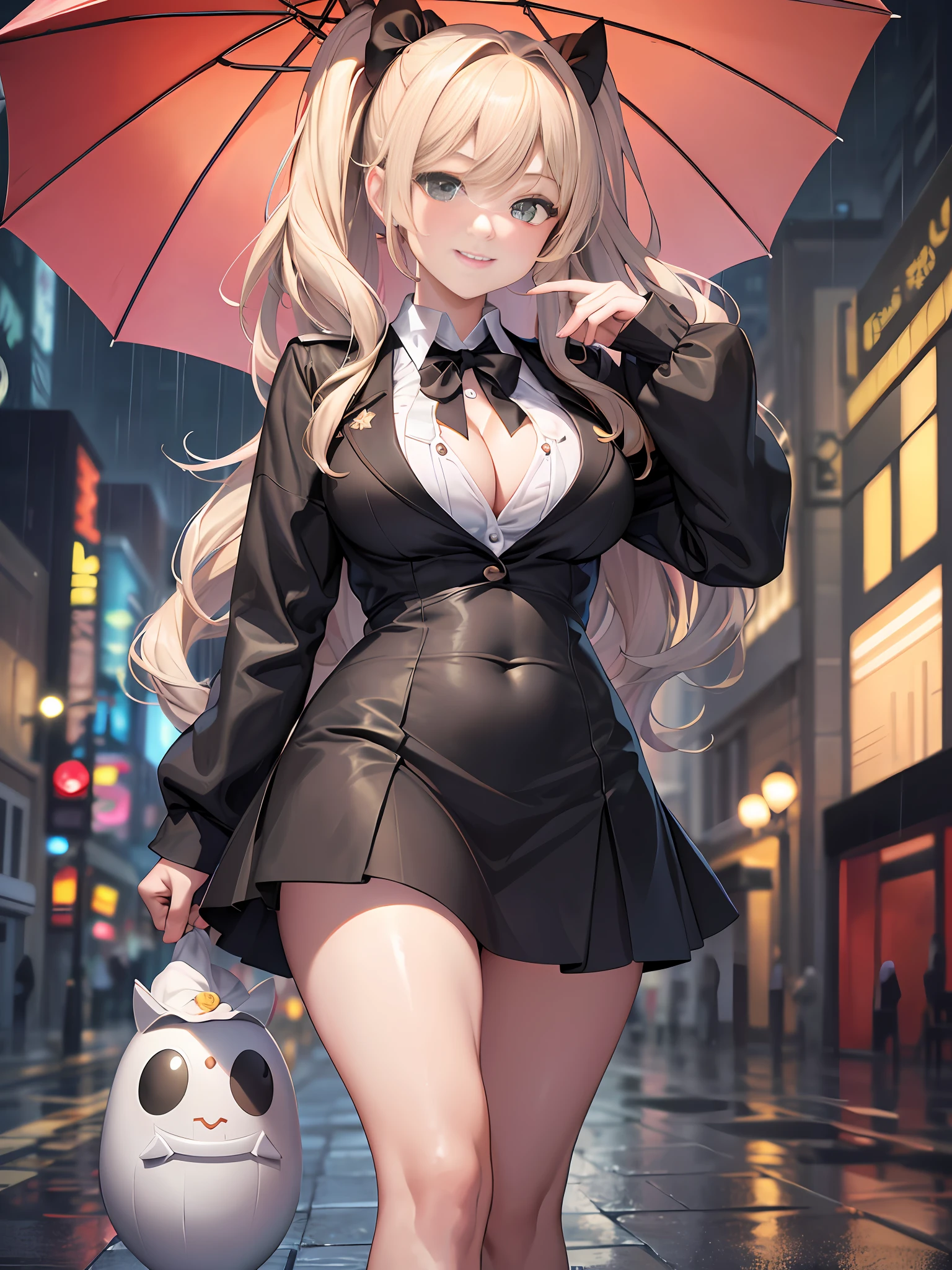 masterpiece, best quality, official art, (highly detailed CG Unity 8k wallpaper), detailed background, (hands by Guido Daniele: 1.1), feet outside the frame, first person perspective, 1, attractive and perfect beautiful woman, schoolgirl, JK, schoolgirl uniform, rainy day, a lot of rain, holding an umbrella, holding an umbrella in hand, (curvaceous), ( white thighs: 1.12), (blonde longhair: 1.12 (Ahoge: 1.13), (High Ponytail: 1.12), (Green Eyes: 1.13), Look at the Beholder, Big, (cleavage), Beautiful Face, (Blush: 1.11), (Smile: 1.11)