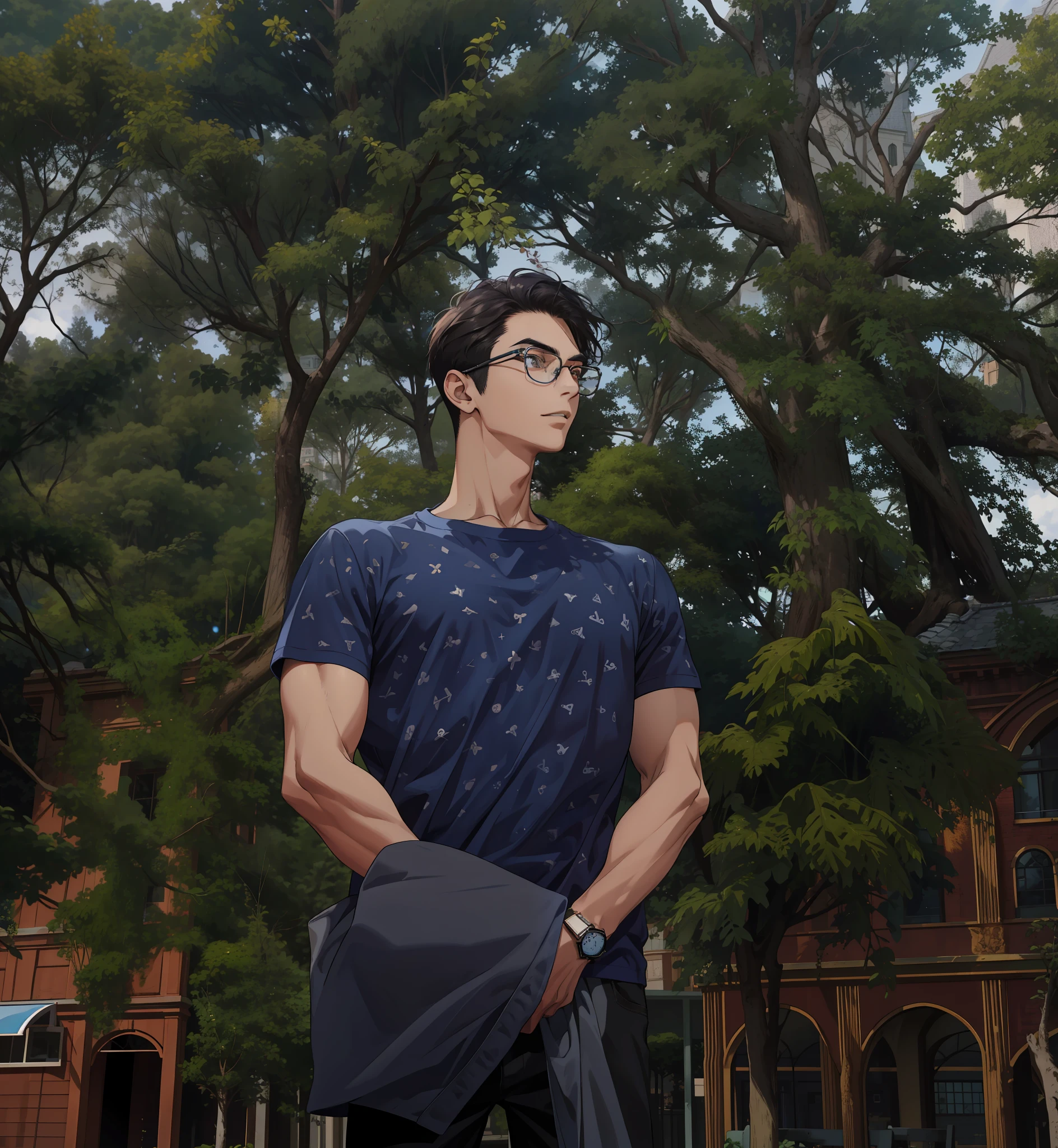 masterpiece, best quality, highres, 1boy, solo, standing, young boy, wearing navy blue t-shirt, detailed face, glasses, detailed eyes, dark eyes, wrist watch, jacket on hands, depth of field, highly detailed, park background