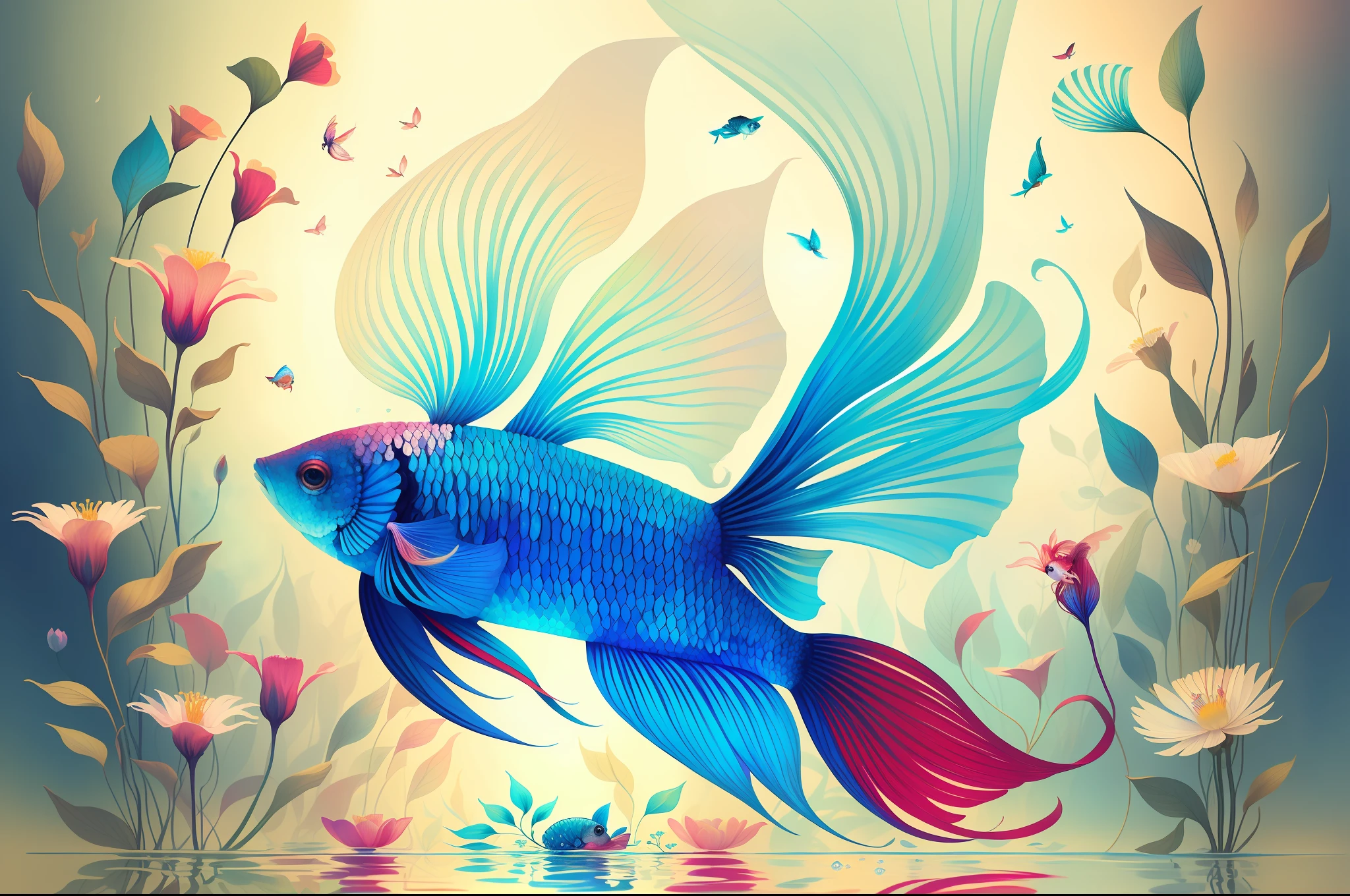 (Illustration:1.3) beautiful betta fish swimming with flowers (by Artist Anna Dittman:1), (((masterpiece))), (((best quality))), ((ultra-detailed)),(detailed light),((an extremely delicate and beautiful)),