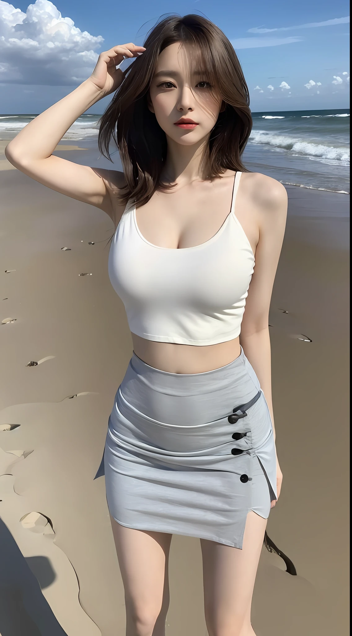 At the beach, ((best quality, 8k, masterpiece: 1.3)), focus: 1.2, perfect body beauty: 1.4, buttocks: 1.2, ((layered haircut, breasts: 1.2)), highly detailed face and skin texture, detailed eyes, double eyelids, whitened skin, long hair, (shut up: 1.3), plain makeup, short skirt, full body, long legs, photos