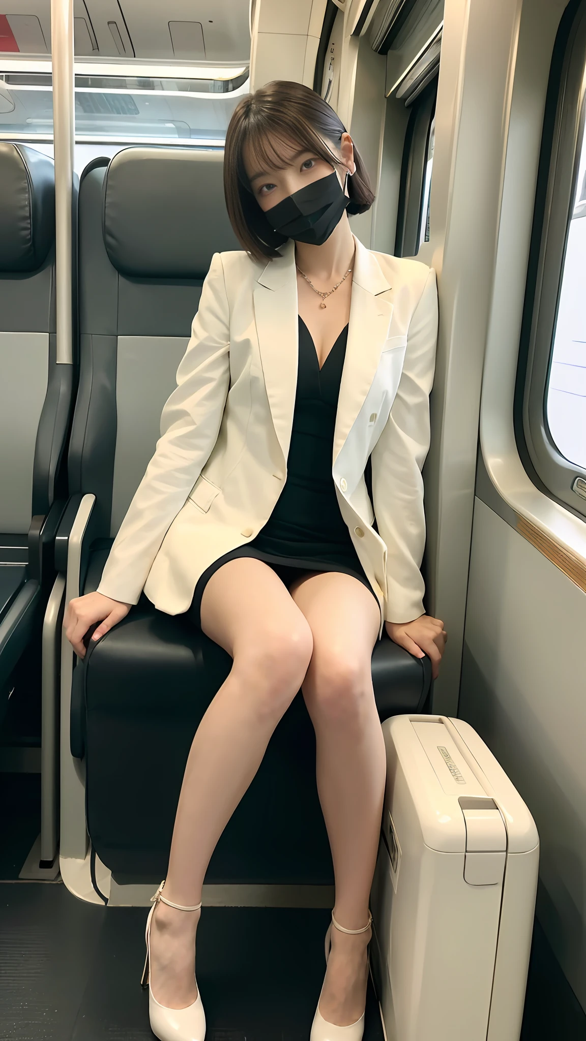 (Best quality, 8k, 32k, Masterpiece, UHD:1.2),Photo of Pretty Japanese woman,20 years old,(short hair:1.1),full body,head tilt, suit jacket, dress shirt, necklace,(sitting, train seats:1.3), show panty, high heel, open leg, yamanote line, mask