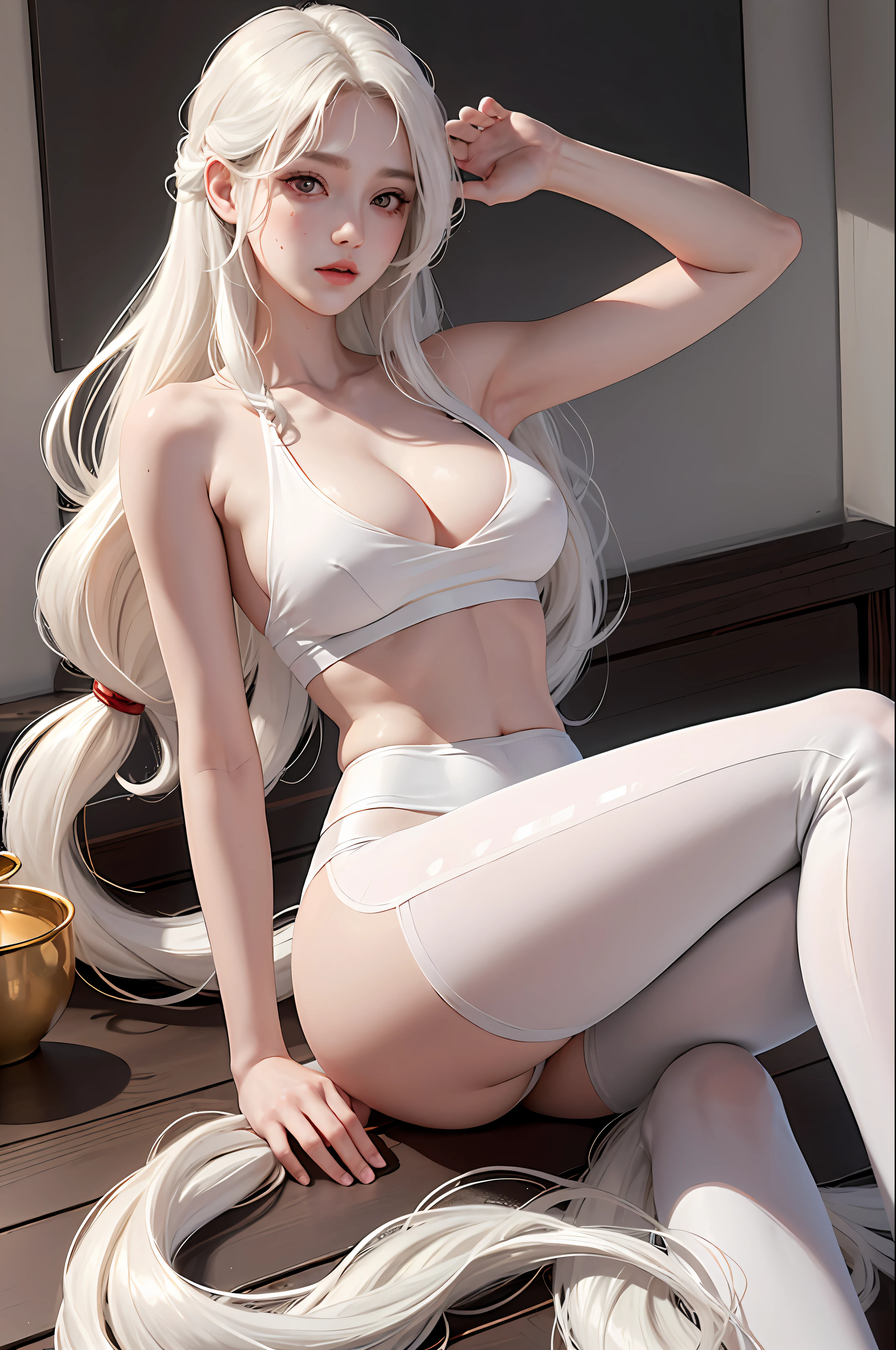 Realistic, high resolution, 1 girl, white wavy hair, Korean, heterochrome eyes, small moles under the eyes, loose white shirt, yoga pants, big breasts, long legs, tight abs, camel toes, full-length, sexy pose