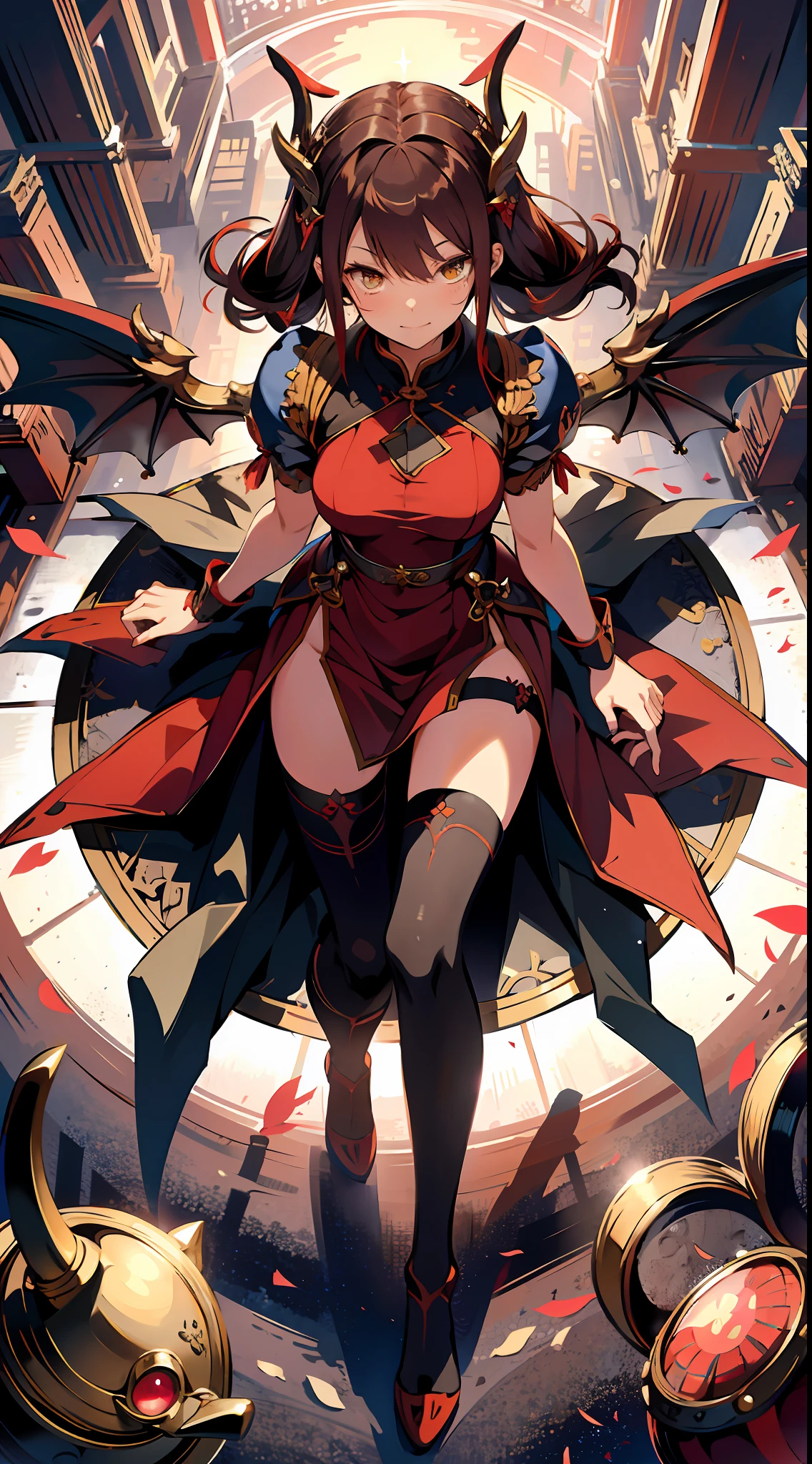 absurd res, high res, (masterpiece:1.4), ultra-detailed, 1girl, from above, space, floating, red Chinese dress, red dress, black stockings, light brown hair, yellow eyes, hands out of frame, Yandere face, yandere smirk, psychopathic smile, psychopathic smirk, dragon wings, yandere