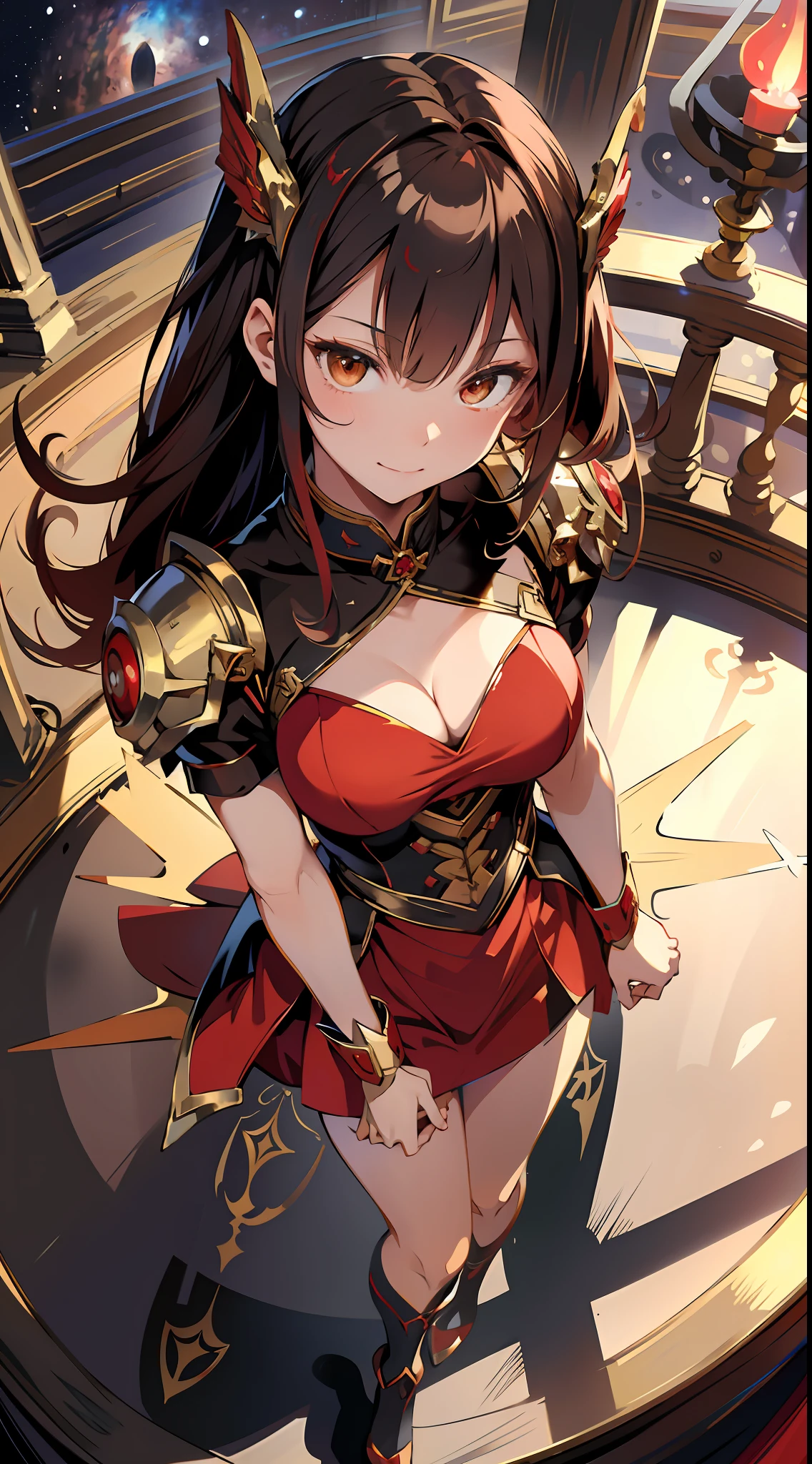 absurd res, high res, (masterpiece:1.4), ultra-detailed, 1girl, from above, space, floating, red Chinese dress, red dress, black stockings, light brown hair, yellow eyes, hands out of frame, Yandere face, yandere smirk, psychopathic smile, psychopathic smirk, dragon wings, yandere