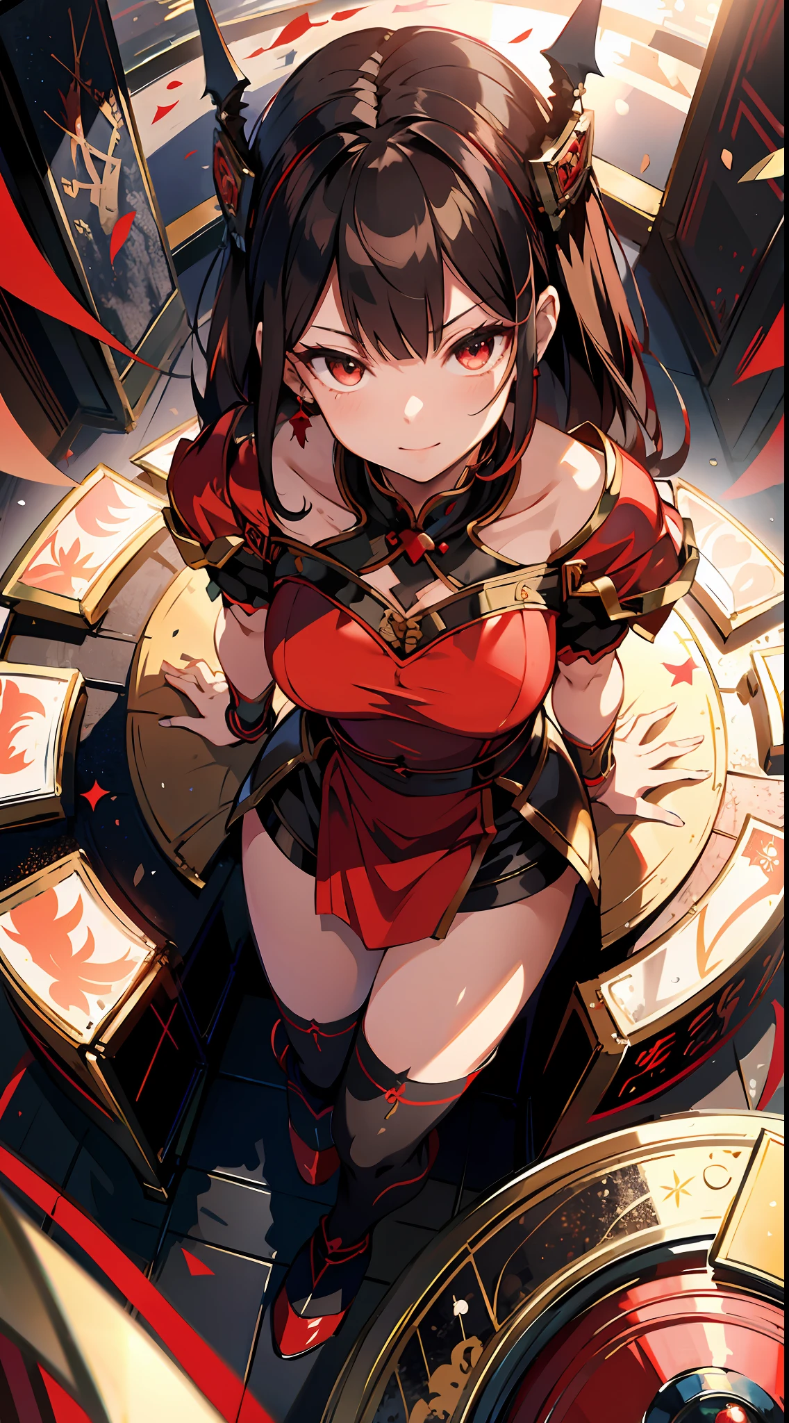 absurd res, high res, (masterpiece:1.4), ultra-detailed, 1girl, from above, space, floating, red Chinese dress, red dress, black stockings, light brown hair, yellow eyes, hands out of frame, Yandere face, yandere smirk, psychopathic smile, psychopathic smirk, dragon wings, yandere