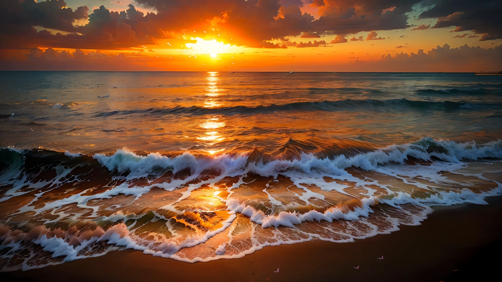 Absolutely mesmerizing sunset on the beach with a mix of oranges, pinks and yellows in the sky. The water is crystal clear, gently kissing the shore, and the white sand is endless. The scenes are action-packed and breathtaking, with seagulls soaring high in the sky and palm trees swaying gently. Immerse yourself in the calm atmosphere and let the serenity surround you.