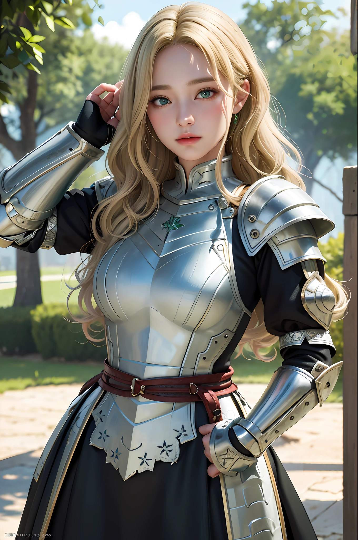 1girl, masterpiece, best quality, 8k, detailed skin texture, detailed cloth texture, beautiful detailed face, intricate details, ultra detailed, a european girl, green eyes, blonde curly hai, 3D character, Medieval Knight