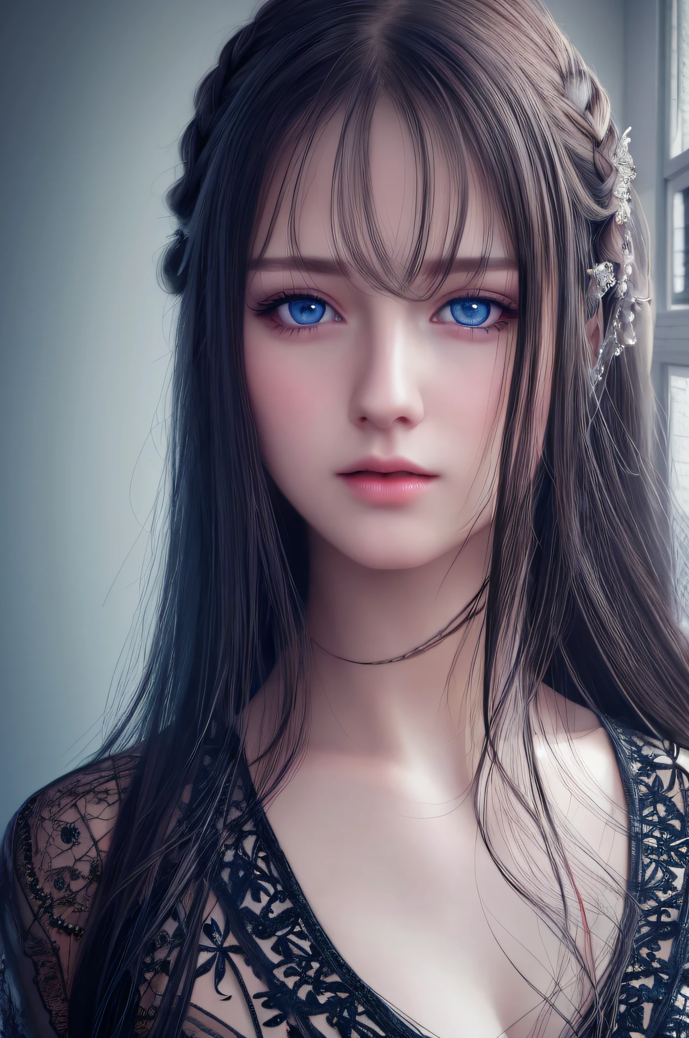 High Quality, Best Quality, Photorealistic, Raw Photo, Realistic, Ultra Real 8K CG, Ultra Detail, High Definition, Masterpiece, One Girl, Long Hair, Blue Eyes, Close Up, Intricate Details, Detailed Textures, Fine Details,Bewitching, Beauty,