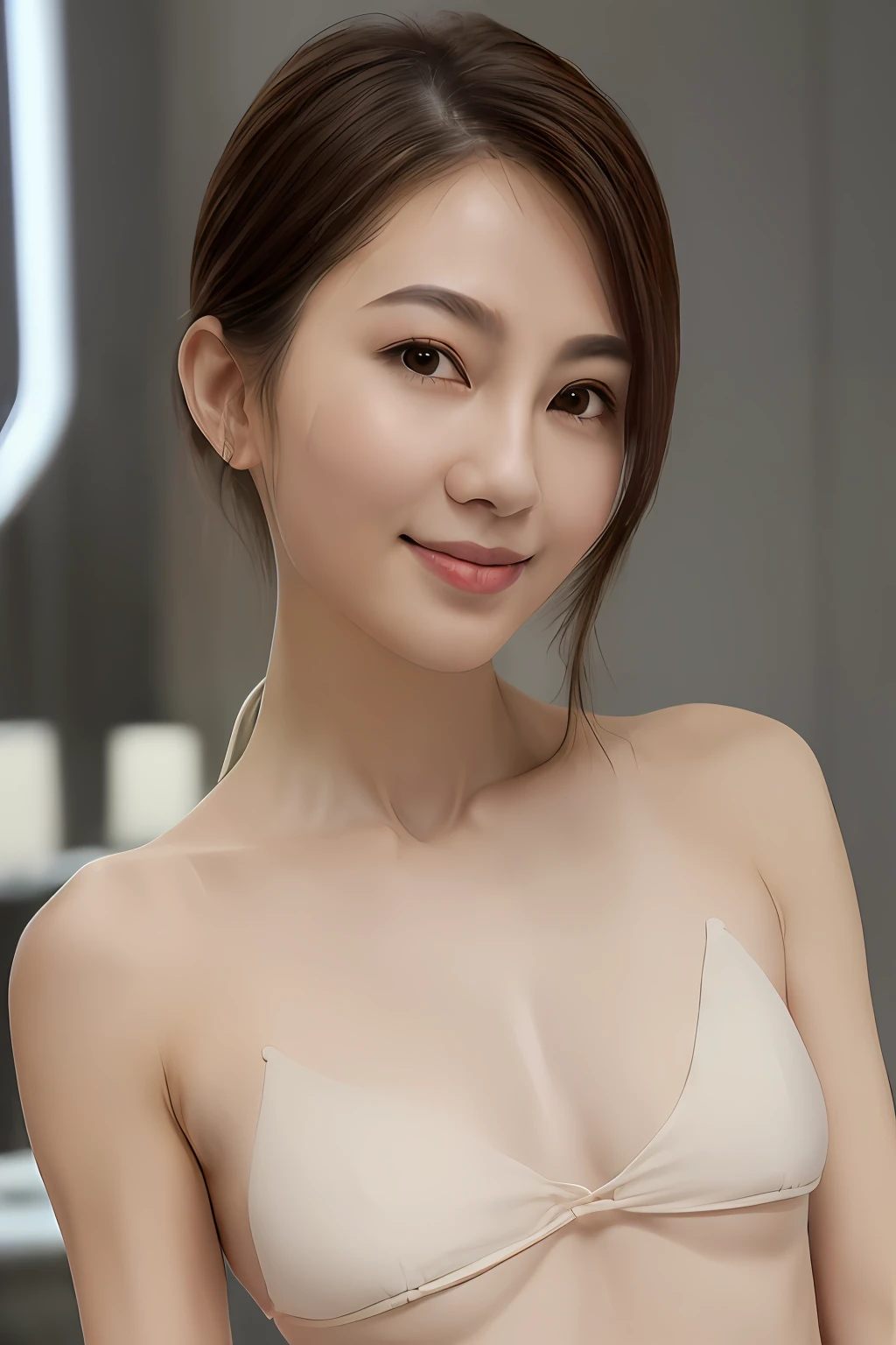 (Photoreal: 1.4), (Hyperrealistic: 1.4), (Realistic: 1.3), (BRAV5), (Smooth Lighting: 1.05), (Improved cinematic lighting quality: 0.9), Full Body Photo, 32K, 1 Japan girl, 20 year old girl, (((Very delicate body, slender abs: 2.5)), Thin waist, Small breasts, ((( Bare Top Bikini: 1.3)), Realistic Lighting, Backlight, Face Lights, Ray Trace, (Whitening Light: 1.2), (Image Enhancement: 1.4), (Best Image Quality: 1.4), (Best Image Quality: 1.4), (Detailed Eyes), Fine Face, (Joy, Blush), (Tired and Sleepy and Satisfied), (Increased Mood of Body Lines: 1.1), (Increased Beauty of Skin Texture: 1.1), 180mm lens, (Nipple Shadow) 、