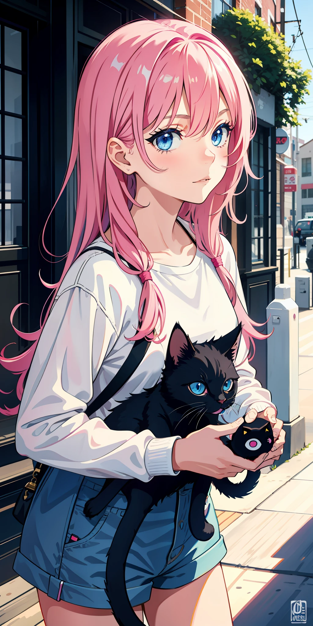 Pink hair and blue eyes, teenage girl with cat, black cat