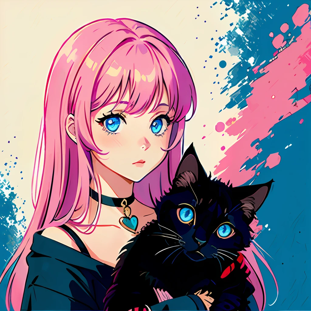 Girl with cat, black cat, pink hair blue eyes, avatar