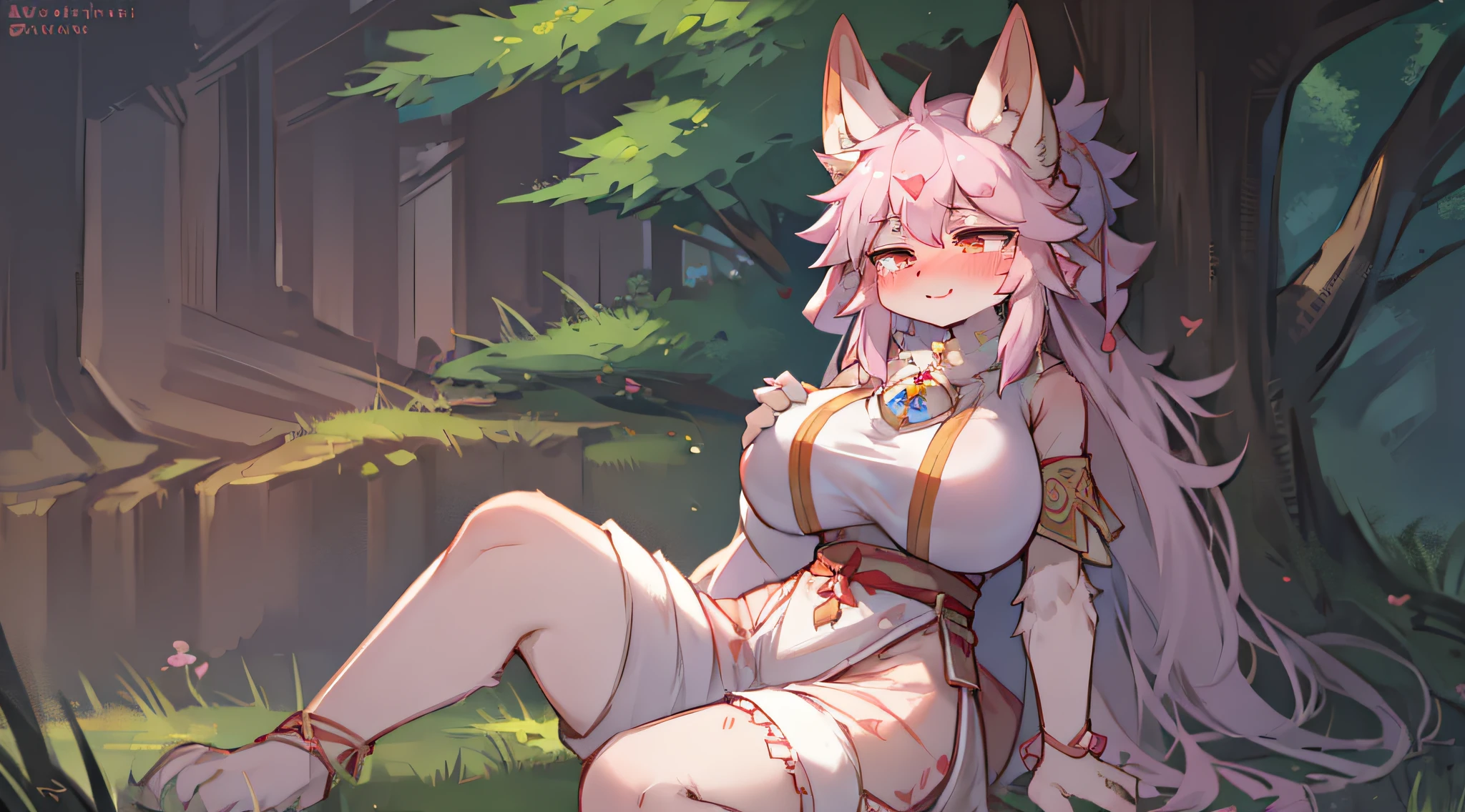 furry, pink fur, giant enormous breast, sitting on grass, yae miko outfit, looking, blushing, tougue out