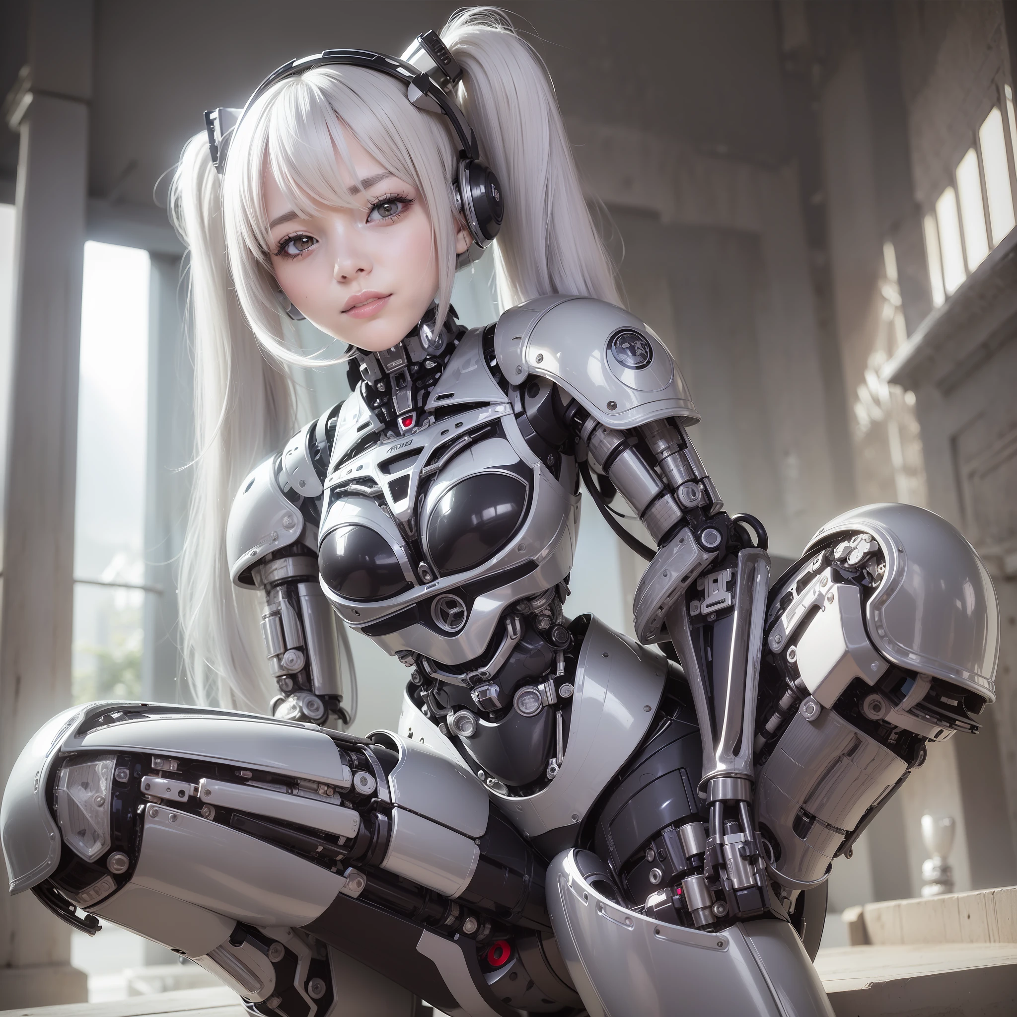 Beautiful Face,1 Woman, Curvaceous, Top Quality, Masterpiece, Ultra Detailed, (((Bikini Cyborg Robot Parts)))), (Light Grey Hair), Long Hair, Wavy Hair, Twin Tails, Medium Shot, (((Seductive Smile)), (Black Eyes), Princess Cut, (Cowboy Shot),Squatting,Spread Your Legs,