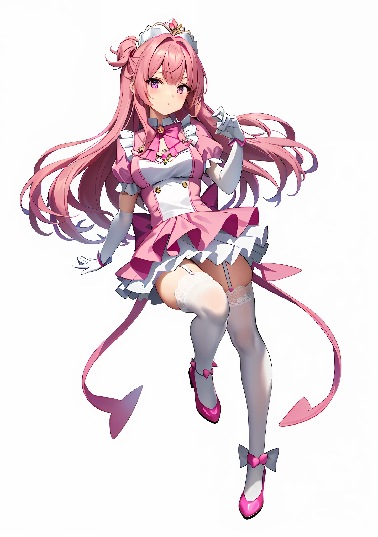 (Masterpiece: 1.3),, (Best Quality: 1.3), (Ultra Detail: 1.3), (Hair Treatment), pureerosface_v1, Perfect Anatomy, 1 Girl, Solo, Anime Girl with Pink Dress and Pink Bow, Pink Double Tail Hair and Purple Eyes, Render a Cute 2D Anime Girl, Portrait of Magical Girl, Magical Girl, Little Curve Lori, April Rendering, Cute Anime, Wearing Beautiful Clothes, Splash Art Anime Lori, Magic girl, white over-the-knee socks, lace stockings, lace trim, white gloves, latex gloves, white long gloves, (detailed), white headband