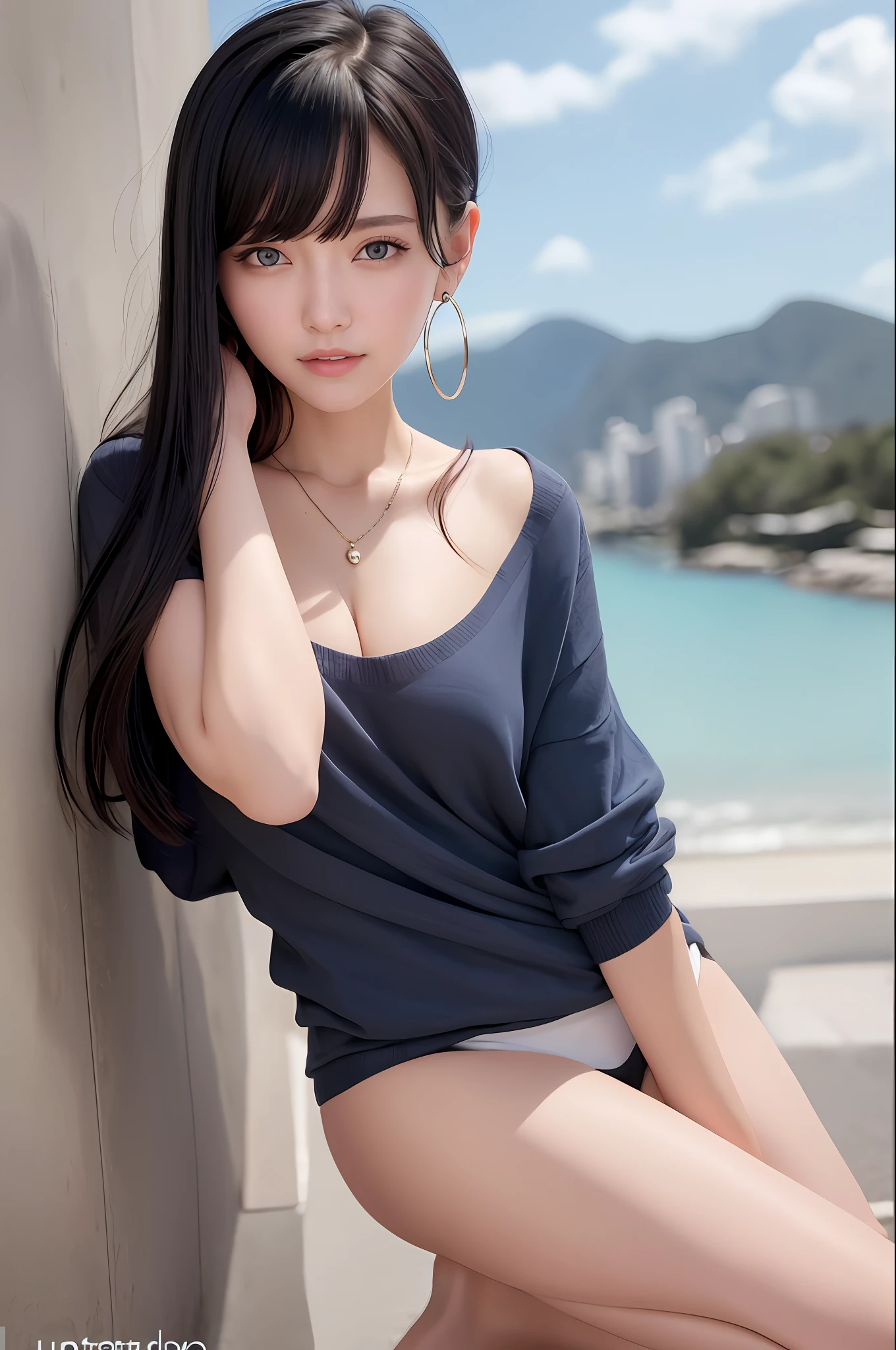 (RAW Photo: 1.2), (Photorealistic: 1.4), (Best Quality: 1.4), Ultra High Resolution, HDR, 8K Resolution, Dreamy, Commentary, Landscape, (No Text), Solo Focus, (Detailed Eyes), (Detailed Face), (Detailed Clothing Features), Skin Tight, (Shiny Skin), (SLF) Mender), (Slim), (Beauty Face), 1 Boy, Virtual Girl Ren Young, bangs, black hair, blue eyes, earrings, loose shirt, smile, embarrassed, cute, look straight at the camera,