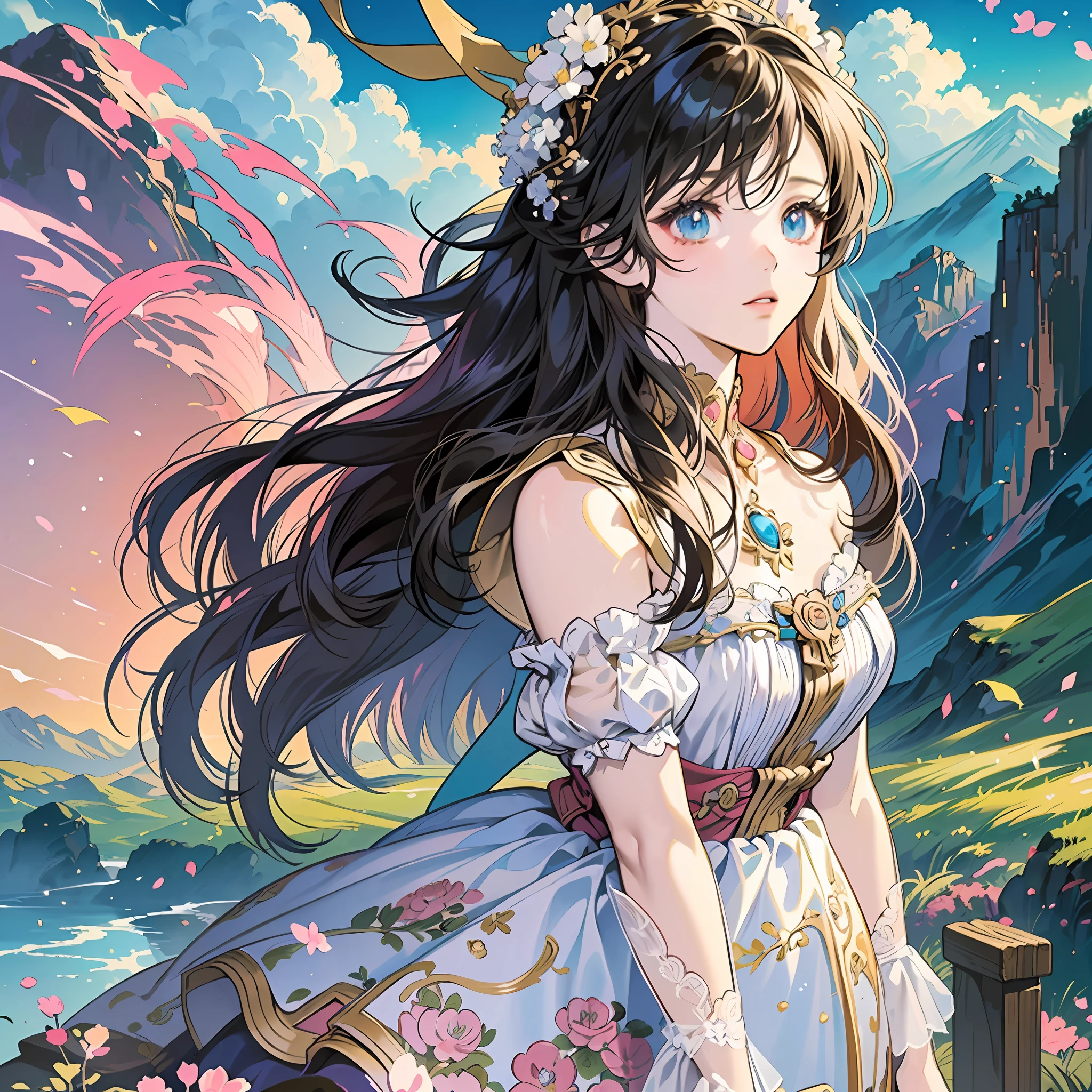 ((Anime style)), ((digital art)), ((painting)), ((illustration)), ((8k high definition CG landscape)), ((anime style)), ((masterpiece)), ( (best artist)), ((1girl))wearing a beautiful floral dress, ((immaculate landscape of mountains)), her long hair blowing in the wind, in a dark light ((dim light)) --auto --s2