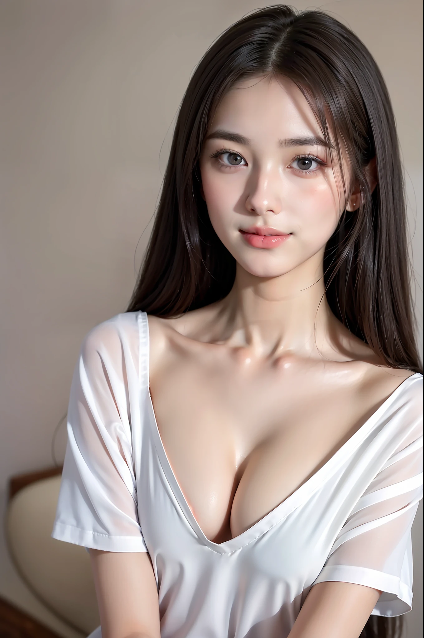 , beautiful girl, long hair, oblique bangs, clear eyes, smooth hair, collarbone, delicate and perfect facial features, the most beautiful big eyes, long eyelashes, sweet eyes with lying silkworms, smile, dynamic angle problem ultimate picture quality, highest precision, precise and perfect human body structure, (JK shirt), doppelganger, close-up