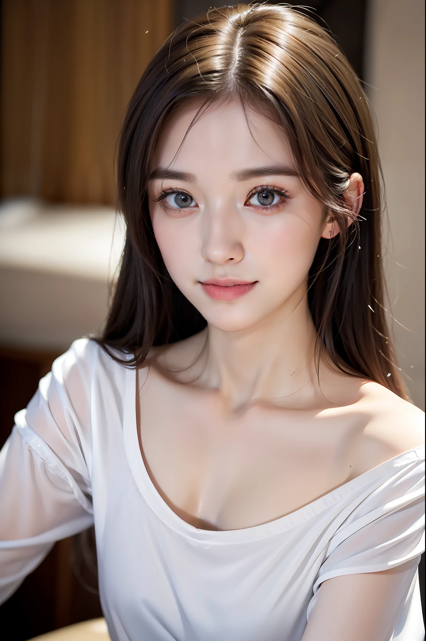 , beautiful girl, long hair, oblique bangs, clear eyes, smooth hair, collarbone, delicate and perfect facial features, the most beautiful big eyes, long eyelashes, sweet eyes with lying silkworms, smile, dynamic angle problem ultimate picture quality, highest precision, precise and perfect human body structure, (JK shirt), doppelganger, close-up