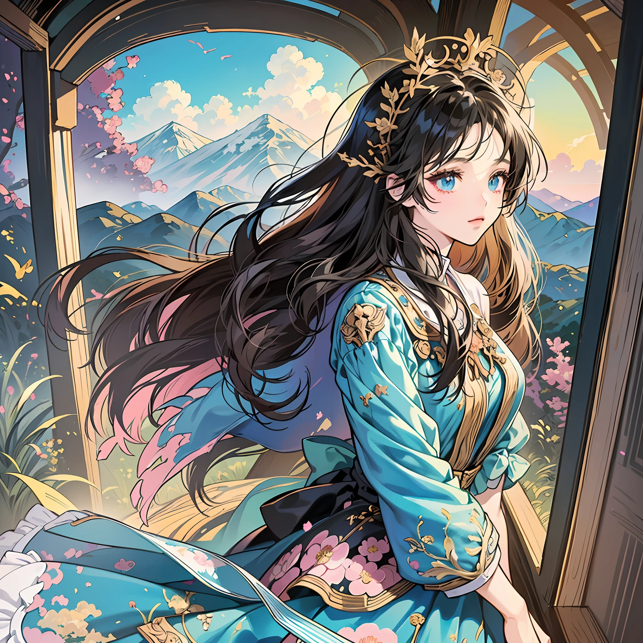 ((Anime style)), ((digital art)), ((painting)), ((illustration)), ((8k high definition CG landscape)), ((anime style)), ((masterpiece)), ( (best artist)), ((1girl))wearing a beautiful floral dress, ((immaculate landscape of mountains)), her long hair blowing in the wind, in a dark light ((dim light)) --auto --s2