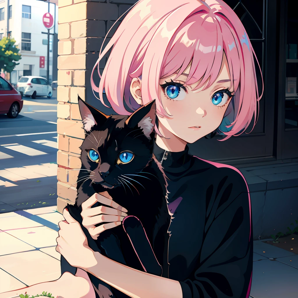 Pink hair and blue eyes, age girl with cat, black cat
