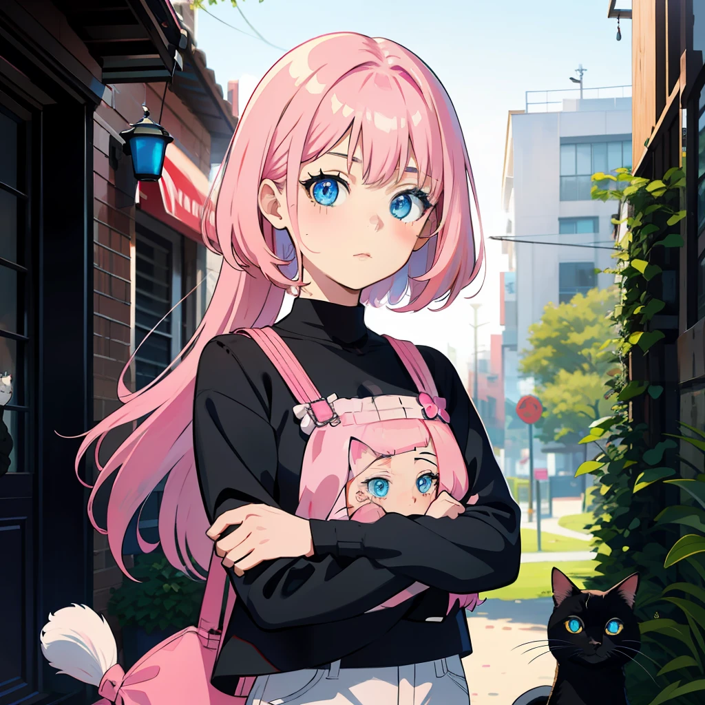 Pink hair and blue eyes, teenage girl with cat, black cat