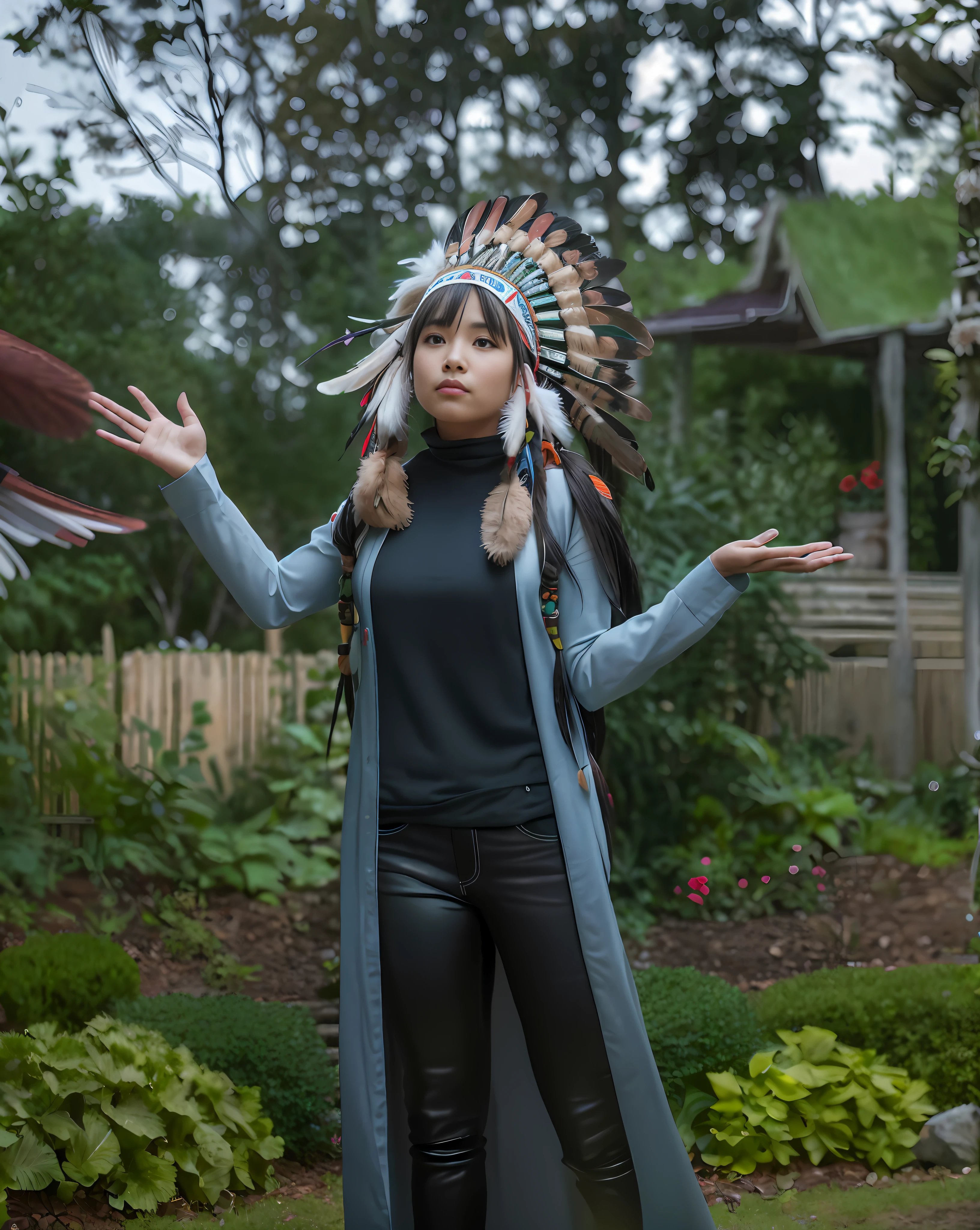 woman in native american costume standing in front of a garden, she is dressed in shaman clothes, a young female shaman, beautiful young female shaman, feather native american headgear, taken with canon eos 5 d mark iv, caracter with brown hat, taken with canon eos 5 d, portrait image, wearing authentic attire, portrait shot, american indian headdress