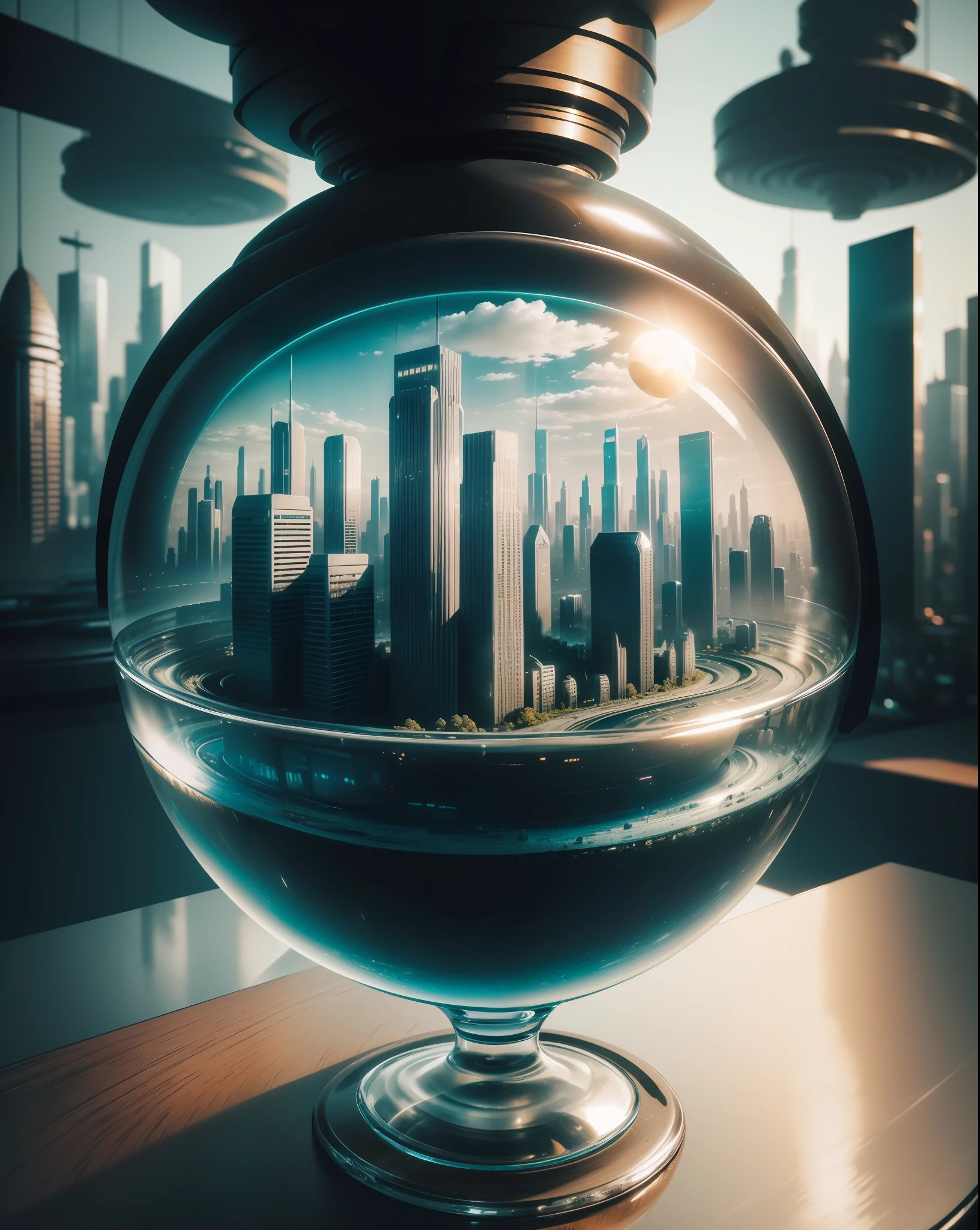 mini\(ttp\), (8k, RAW photo, best quality, masterpiece:1.2), ((miniature futuristic city skyline in a glass bowl sitting on old books)), people talking out of focus.