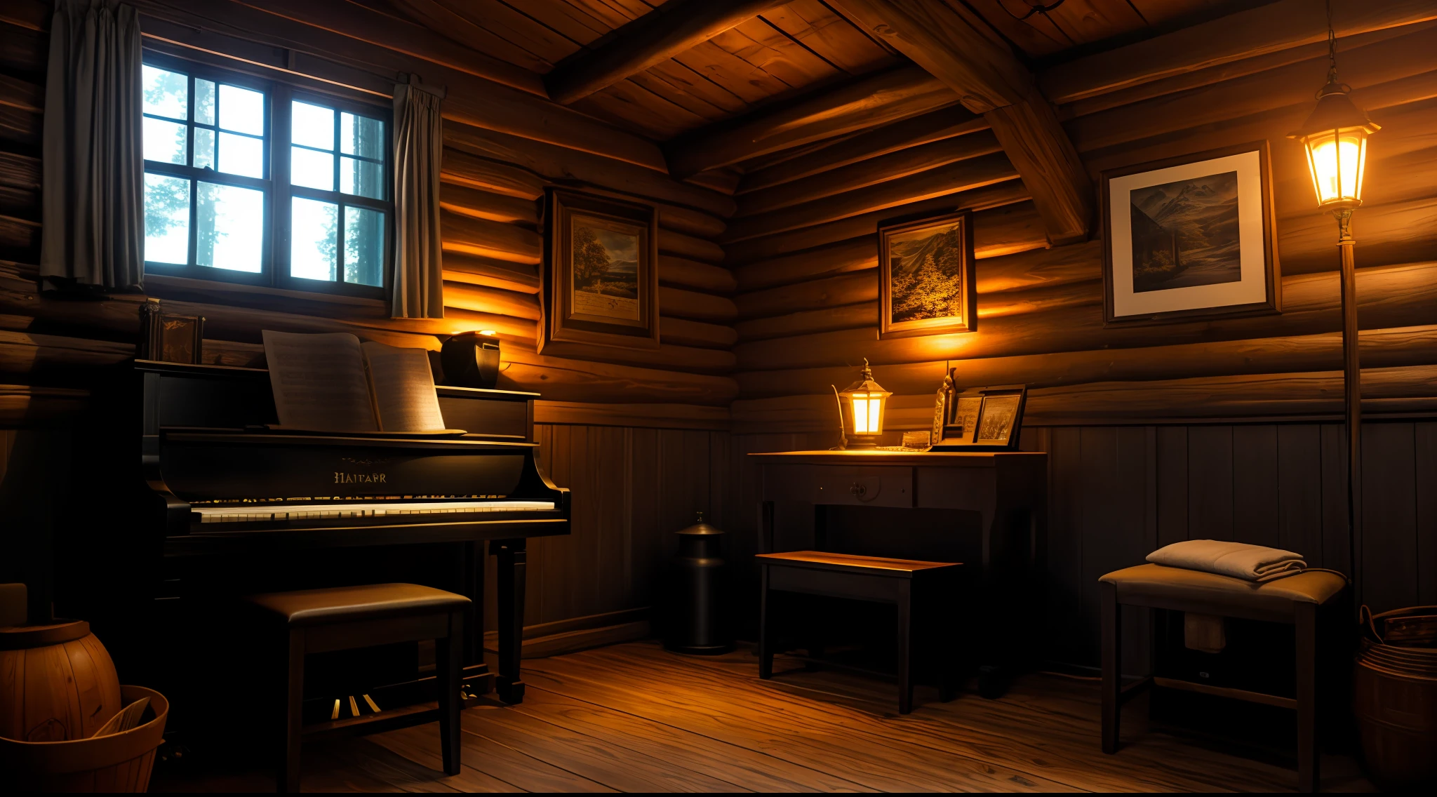 epic photo portrait, amazing movie poster, A piano , oil lamp on it, in a cabin with natural light, a misty forest is visible through the window, trending on artstation,professional photo studio, uhd, hi detailing, dramatic lighting, best quality, high quality, highres, morning dew natural day lighting, lord of the rings style, harry potter style, studio lighting,detail enhancement, high resolution fix, depth of field, film. rcnz_hqr style