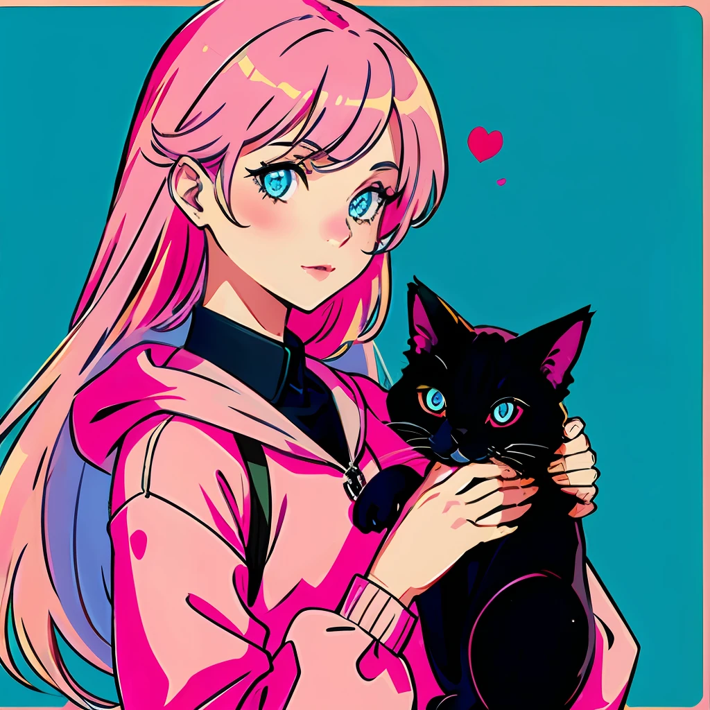 Girl with cat, black cat, pink hair blue eyes, avatar
