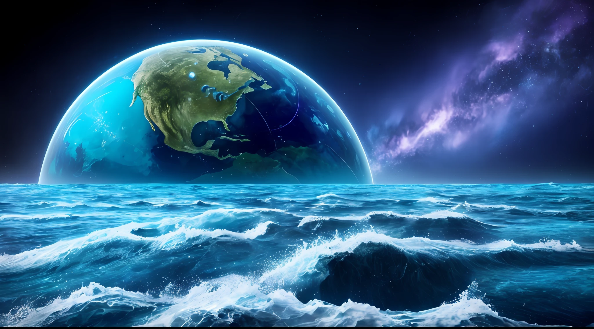 Smooth waves of alien planet (blue sea), beautiful crystal clear water, night, giant fish jumping out of the waves, iridescent plankton blotches in the water, glittering splashes, deep purple sky dotted with stars in the background, unknown constellations in the sky, (multiple bright moons and planets in the sky: 1.5), sparkling horizons, mesmerizing views, masterpieces, top quality, detailed 4K wallpapers, award-winning art, bokeh, depth of field, HDR, Bloom, chromatic aberration, very elaborate, trend in art station, trend in CGSociety, dramatic
