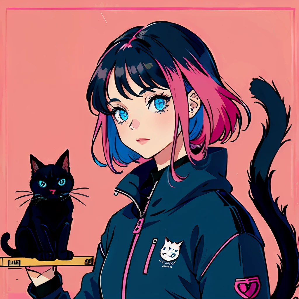 Girl with cat, black cat, pink hair blue eyes, avatar