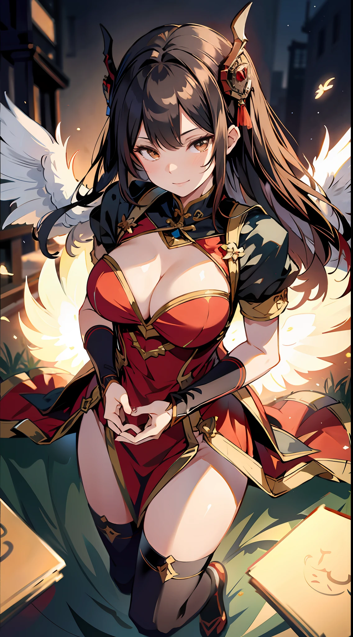 absurd res, high res, (masterpiece:1.4), ultra-detailed, 1girl, from above, space, floating, red Chinese dress, red dress, black stockings, light brown hair, yellow eyes, hands out of frame, Yandere face, yandere smirk, psychopathic smile, psychopathic smirk, dragon wings, yandere, full body, flying, big breasts, cleavage, Chinese dress, large breasts, focus on cleavage, holding breasts, lifting breasts