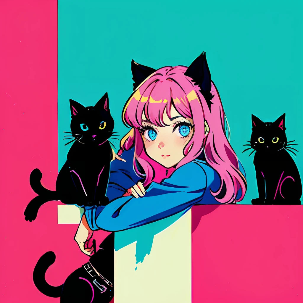 Girl with cat, black cat, pink hair blue eyes, avatar