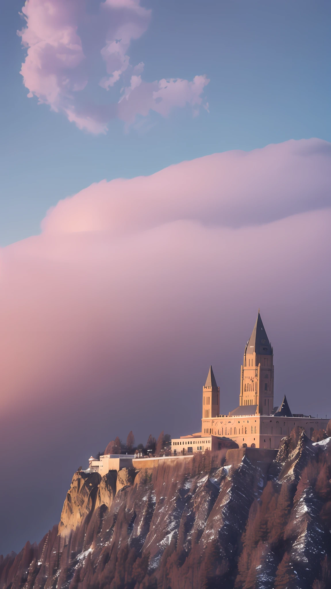 Long-range telephoto lens, dense fog, surrounding the top of the mountain, the distant mountain extending to the right of the picture, a golden ancient building in front of the mountain, pink clouds in the sky, increasing transparency, increasing global clarity, enhancing image quality, real shooting, high resolution, high definition, 16K --auto --s2