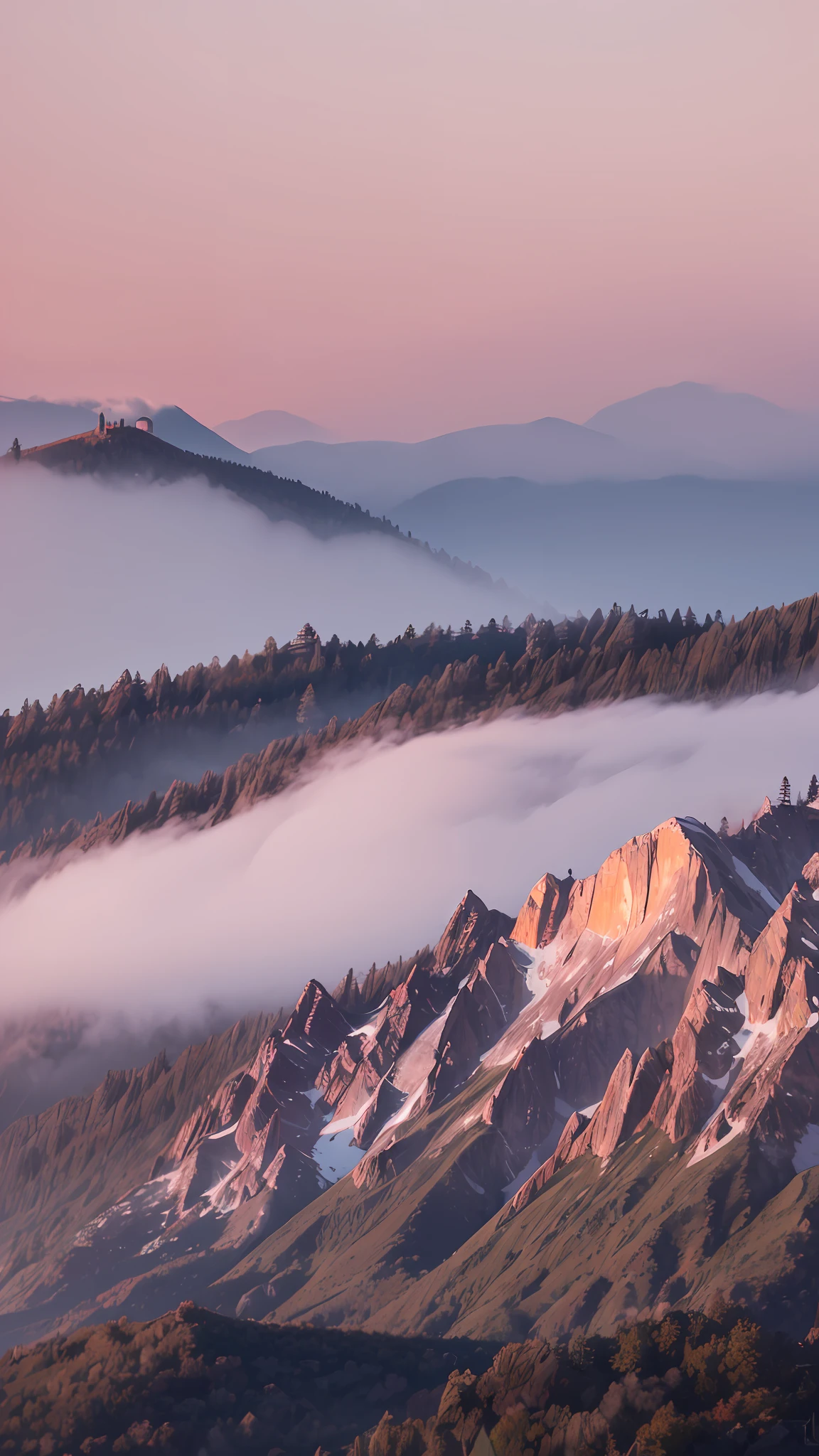 Long-range telephoto lens, dense fog, surrounding the top of the mountain, the distant mountain extending to the right of the picture, a golden ancient building in front of the mountain, pink clouds in the sky, increasing transparency, increasing global clarity, enhancing image quality, real shooting, high resolution, high definition, 16K --auto --s2