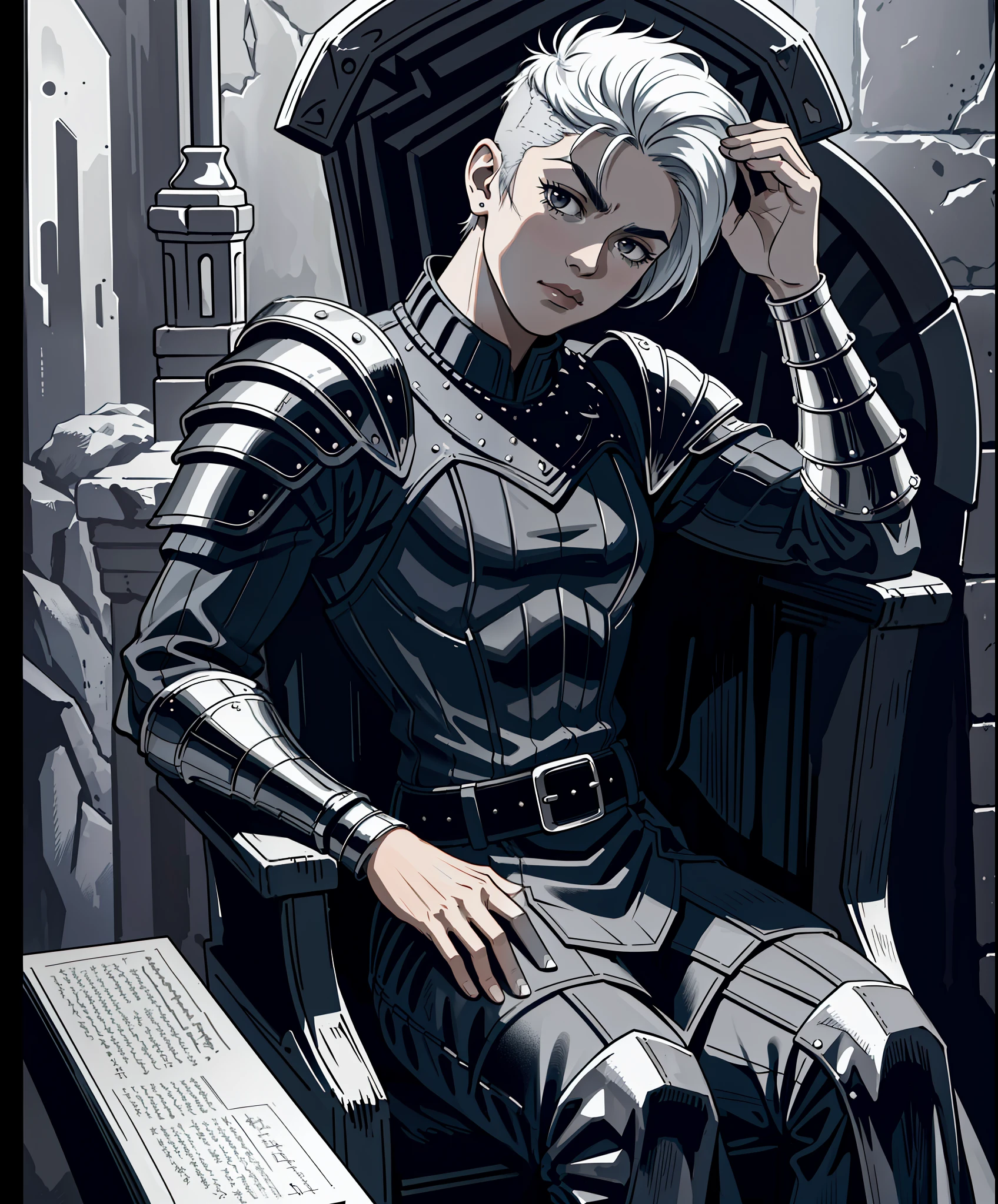 Masterpiece, best definition, 16k, UHD, (original art with ink: 1.2), (lineart: 1.31), mature woman, muscular portrait of muscular Nordic queen, intricate hair, short hair, shaved hair on the side, large scar on the side of the head, wrinkles, white eyebrows (old: 1.4), medieval Nordic clothes, old armor, worn armor, holding broken sword handle, depth, throne room, (dramatic),  cinematic composition, (hyperdefined),sad, grayscale,(fine lines),punk-nouveaux-gothic aesthetics,complex rim lighting,ultra-detailed textures,(fine details: 1.3),RAW format, medium plane, contra-plongeé, 3/4