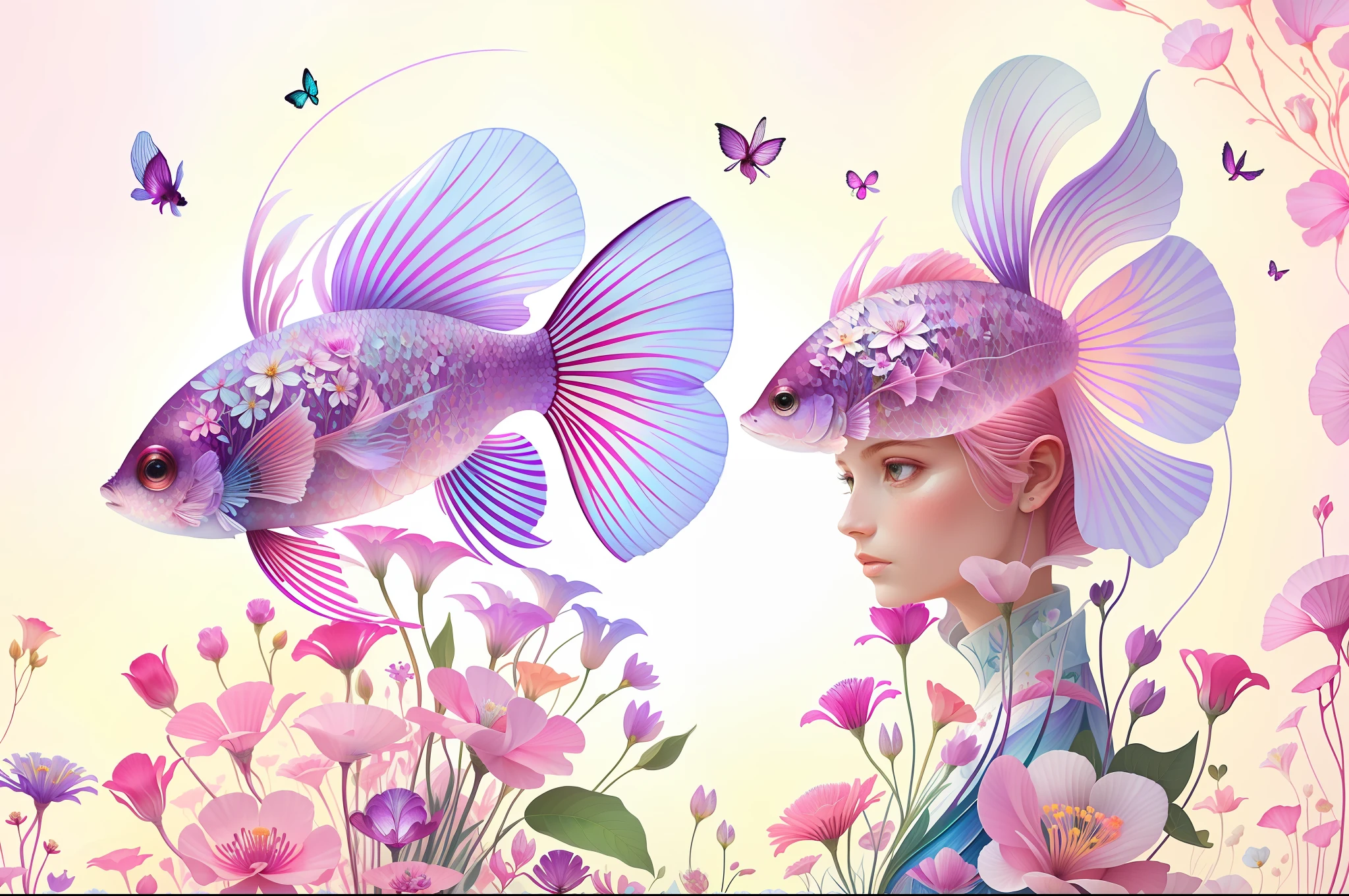 (Illustration:1.3) beautiful pink and purple and white BETTA FISH AND flowers (by Artist Anna Dittman:1), (((masterpiece))), (((best quality))), ((ultra-detailed)),(detailed light),((an extremely delicate and beautiful)),
